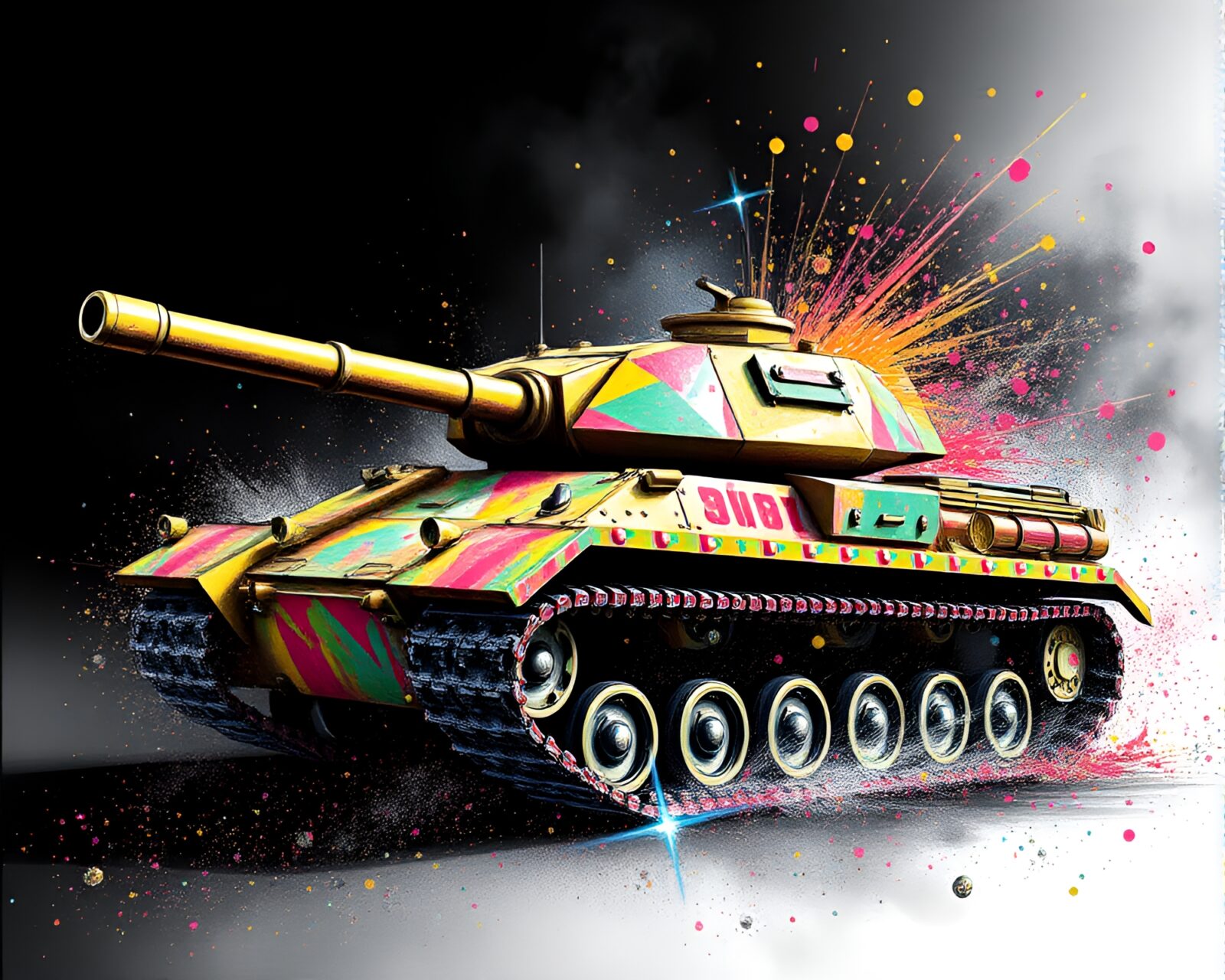 Colorful armored tank in swirling vortex with stipple shading