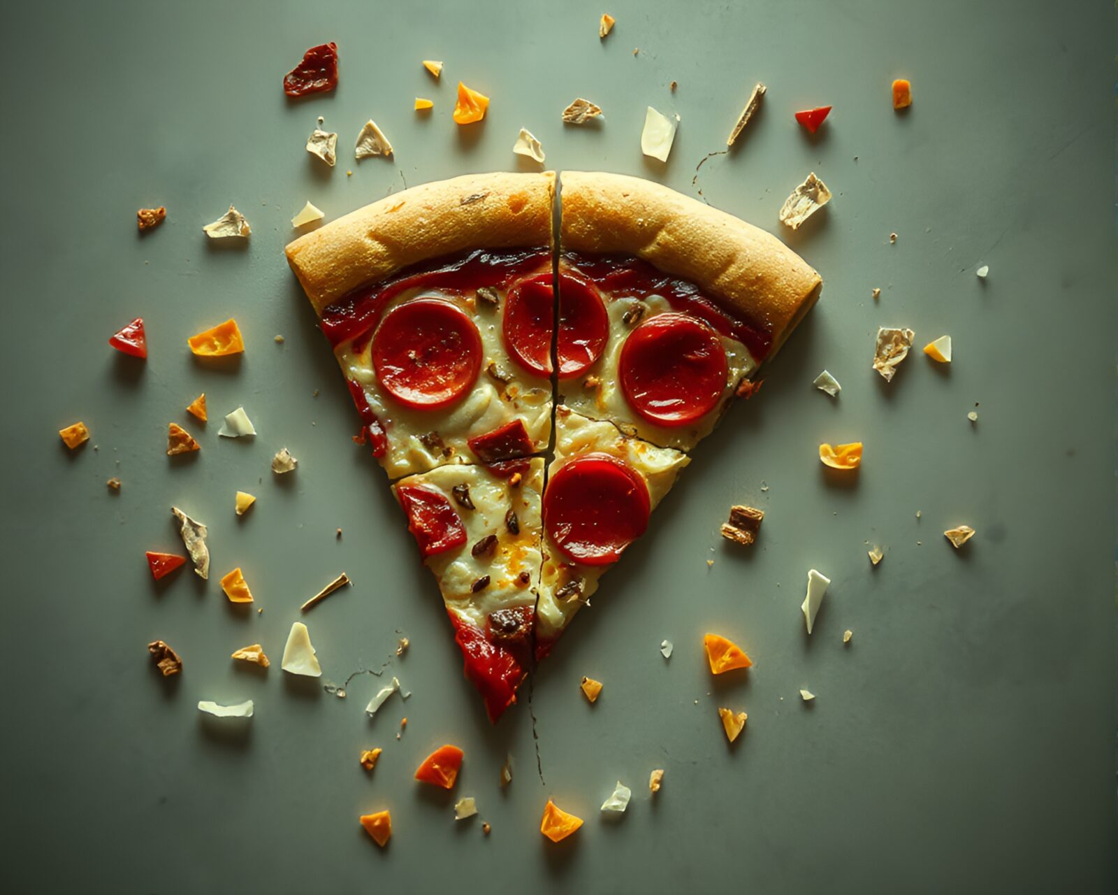 Fragmented pizza image in misty vintage style.