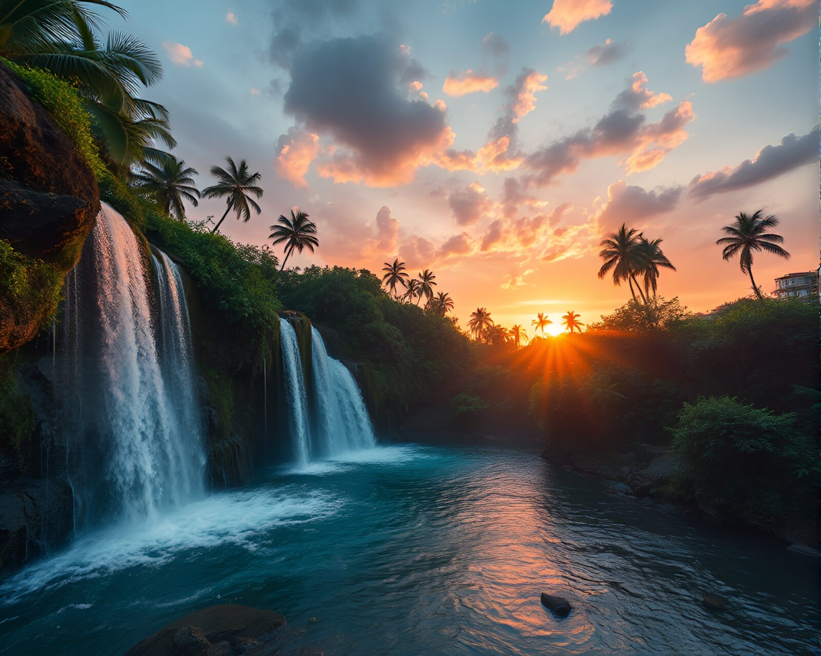 A wide shot of a tropical waterfall at sunset with simulated particles enhancing the beauty