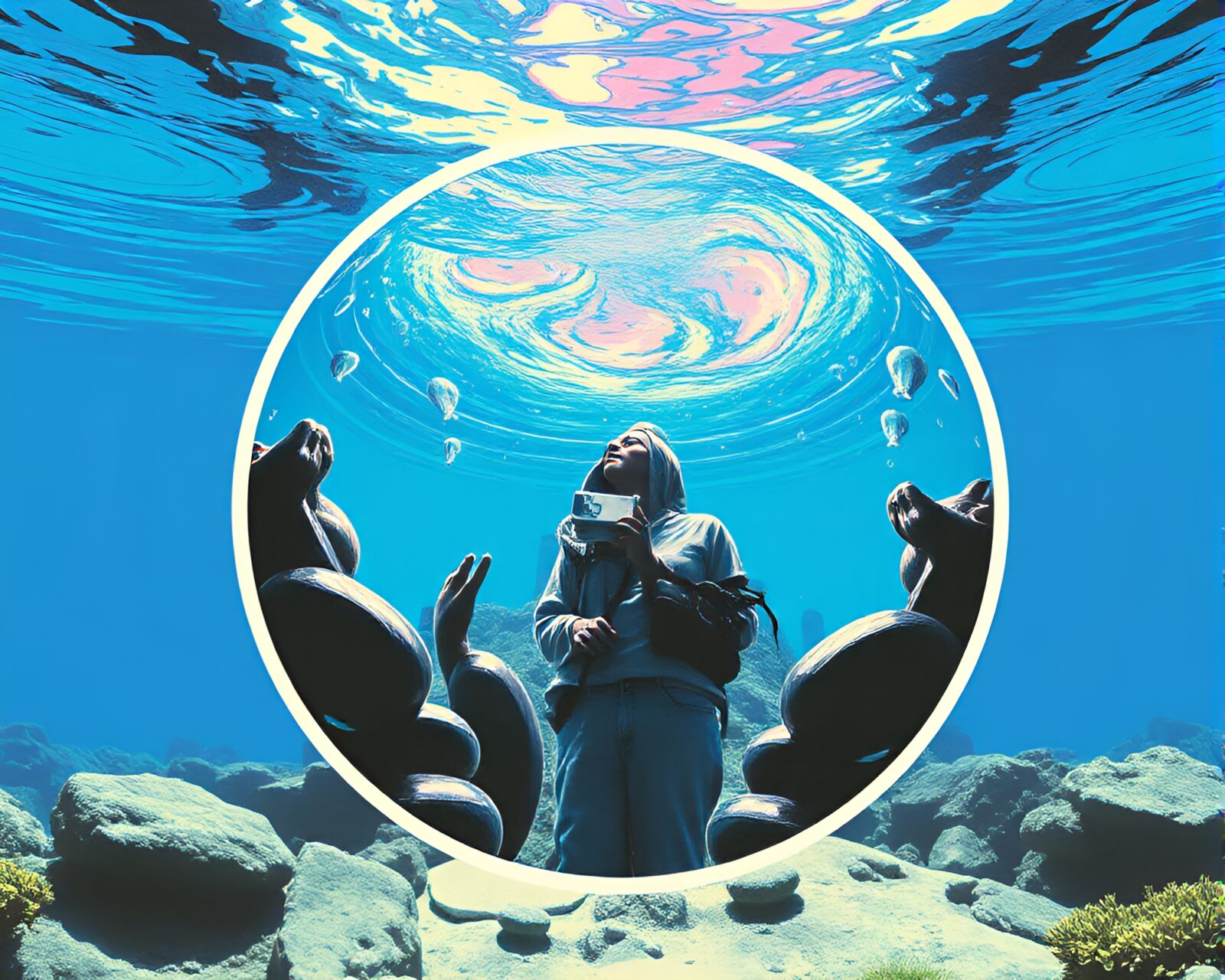 16-bit collage of underwater dome with VHS distortion