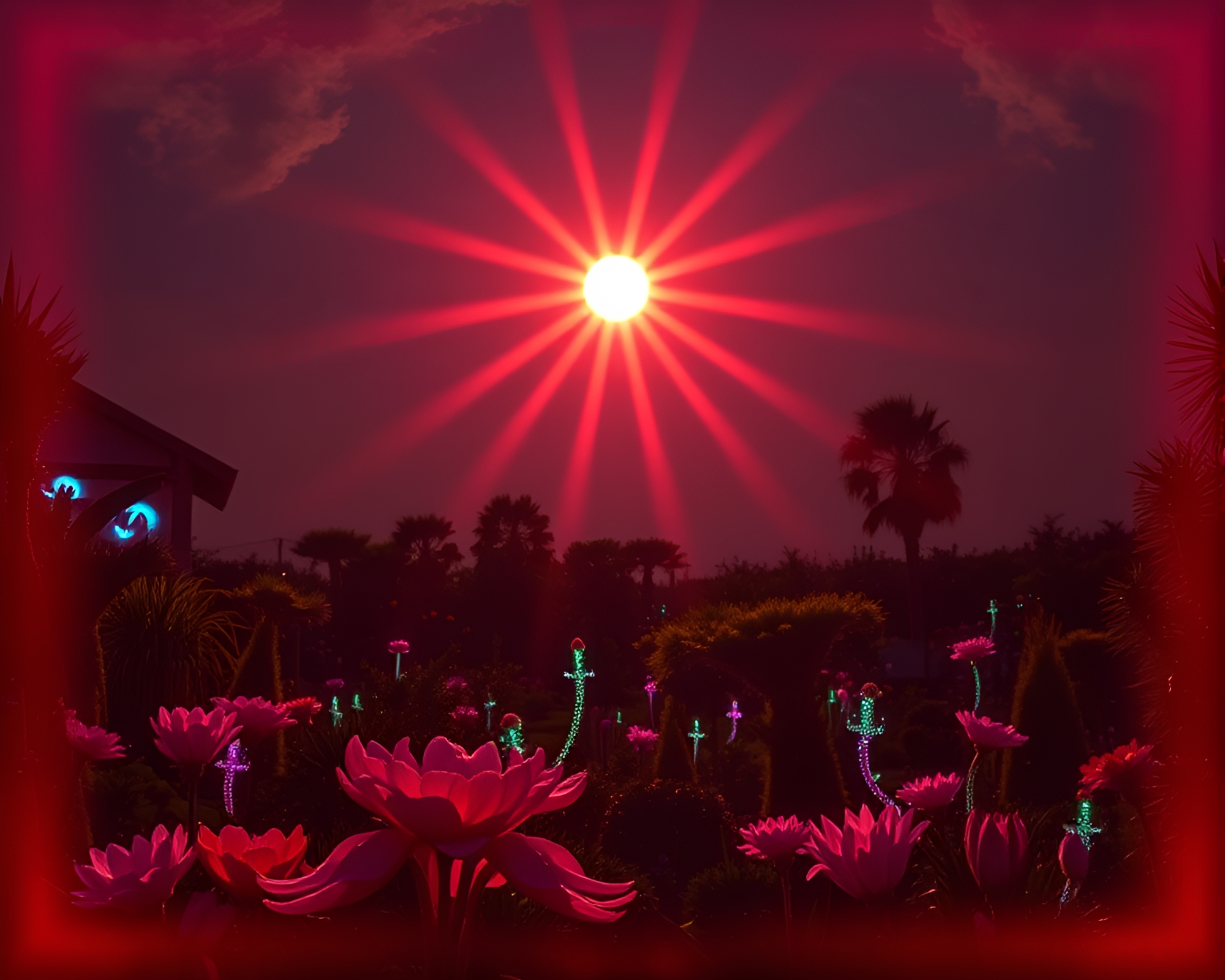 Neon Sunburst Radiance in Sky Garden Oasis – free AI stock image
