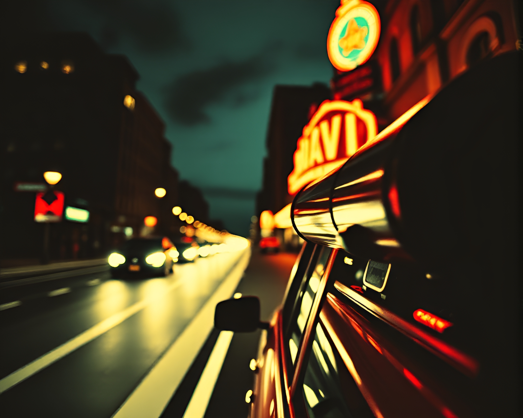 Vintage taxi streaks through opera-house glow with telescope – free AI stock image