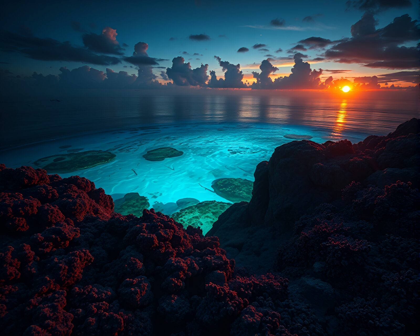 Medical-style illustration of coral atoll illuminated by torchlight