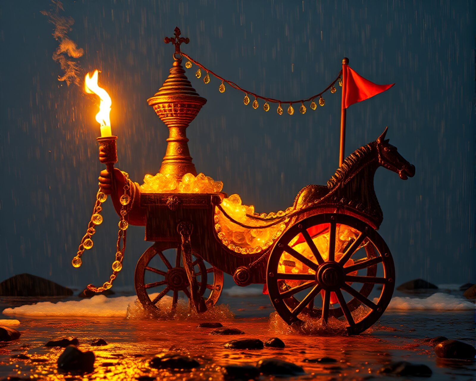 Utopian chariot glowing in torchlight, reflected in raindrops