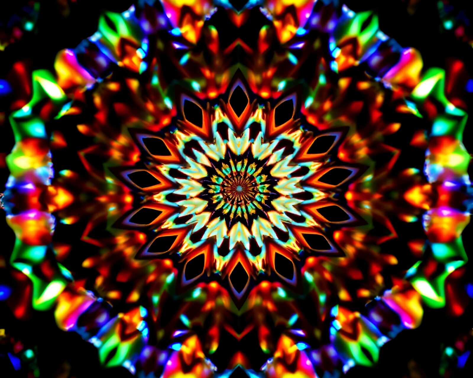 Colorful mandala design with glitch art style and iridescent highlights