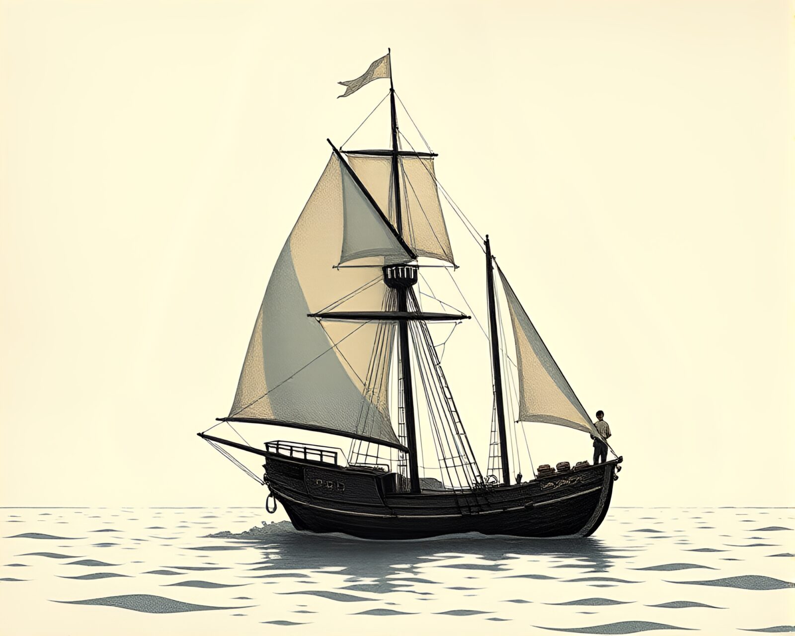 Stipple shaded sailing ship on a backdrop of soft colors
