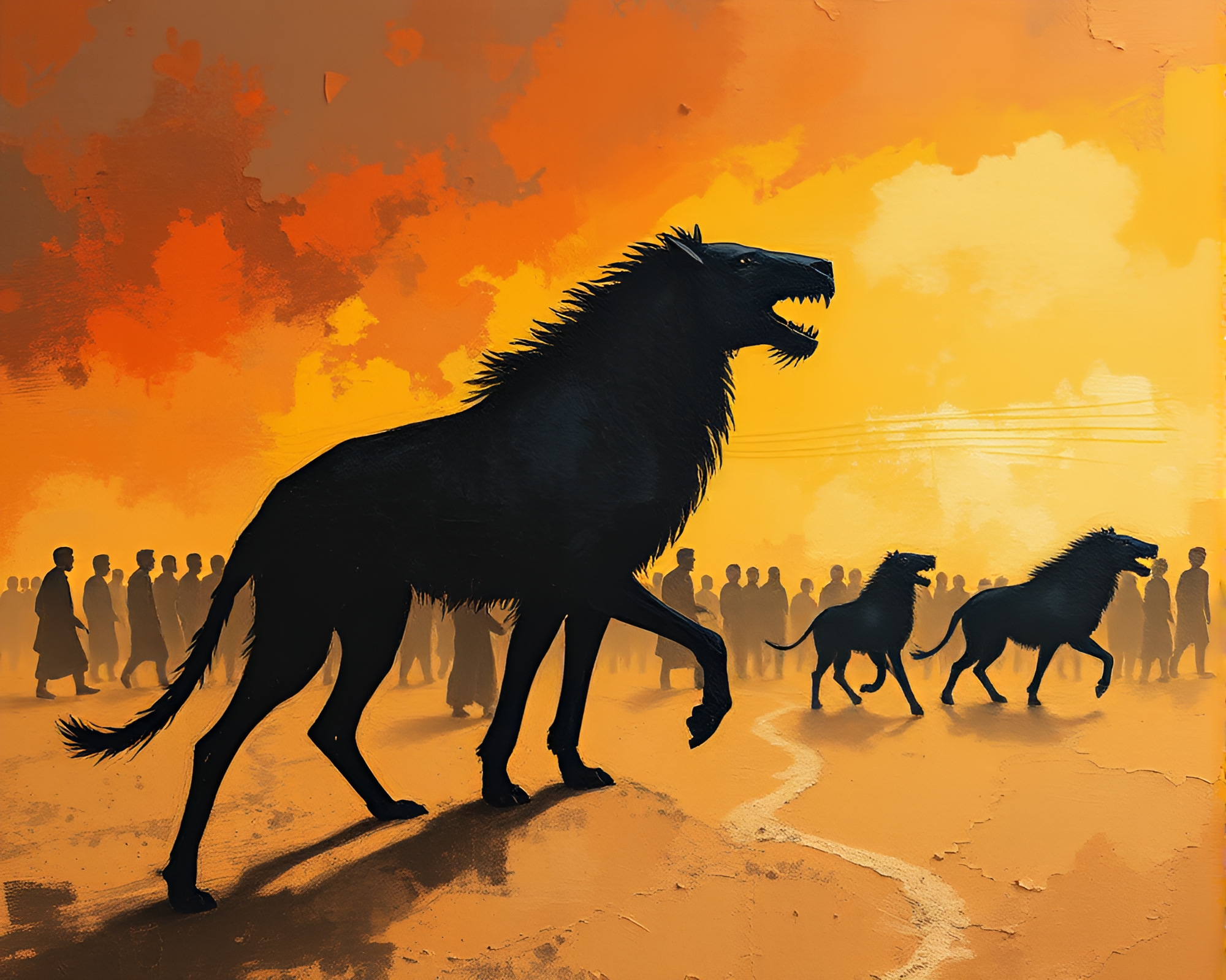 Ominous Cerberus Silhouette in Desert Twilight – free AI stock image