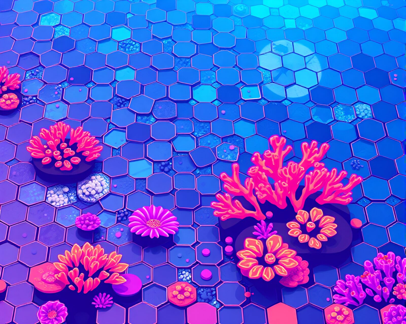 Vibrant neon colors in whimsical coral atoll landscape.