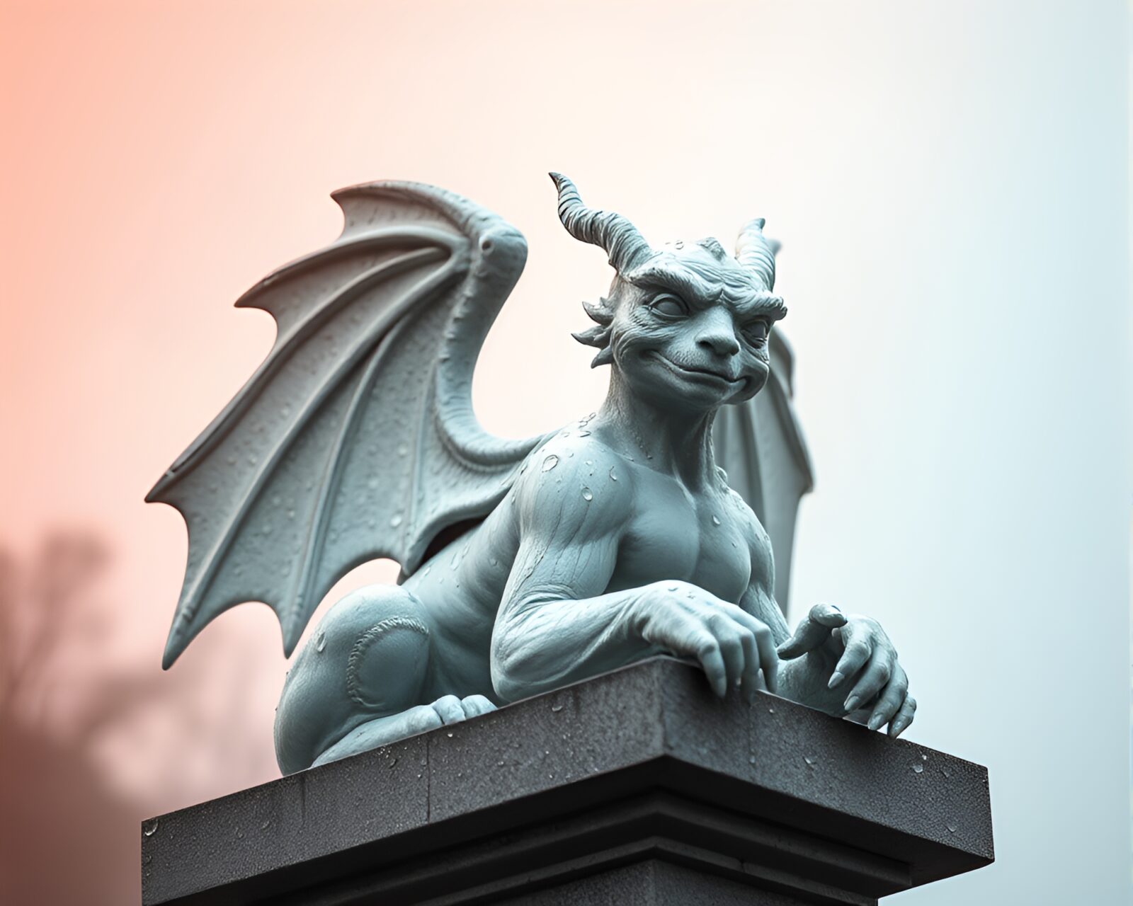 Grisaille gargoyle statue adorned with dew drops in pastel hues