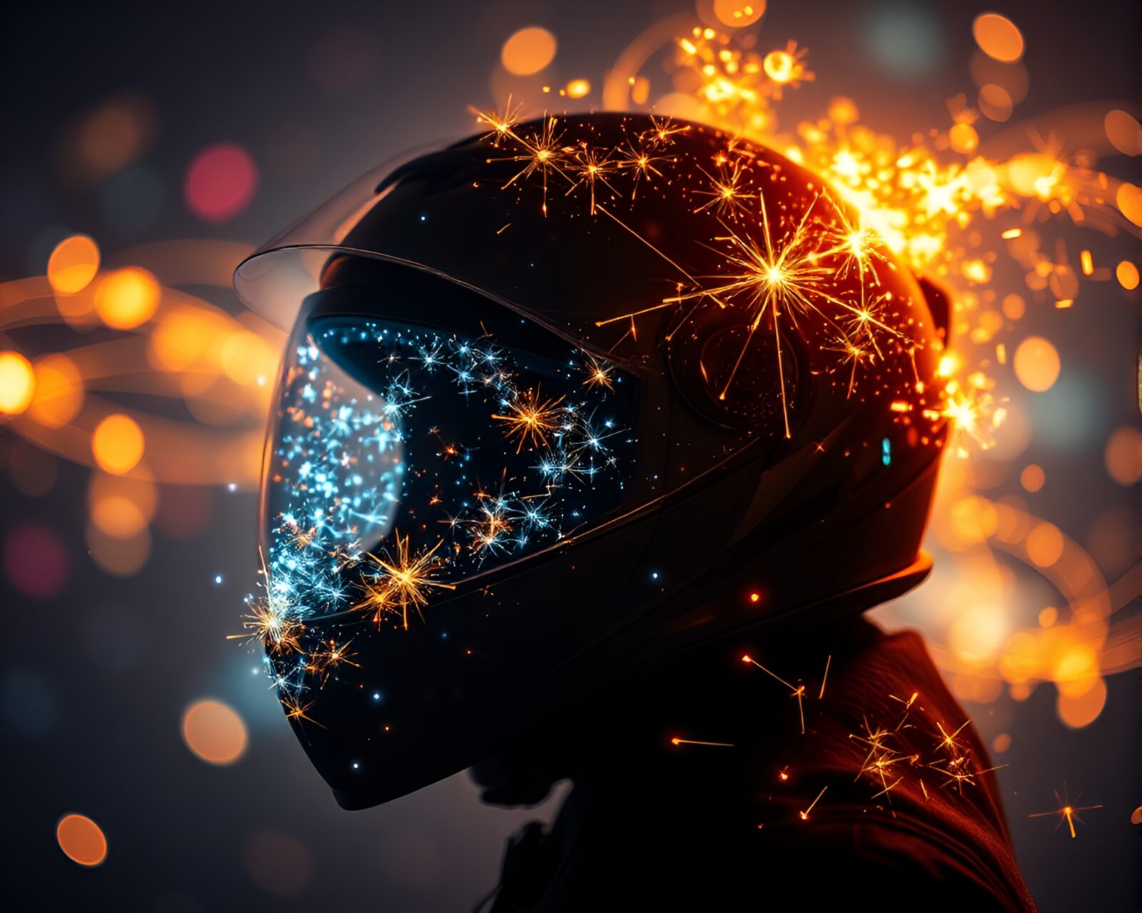 Helmet surrounded by swirling fairy lights and glowing trails