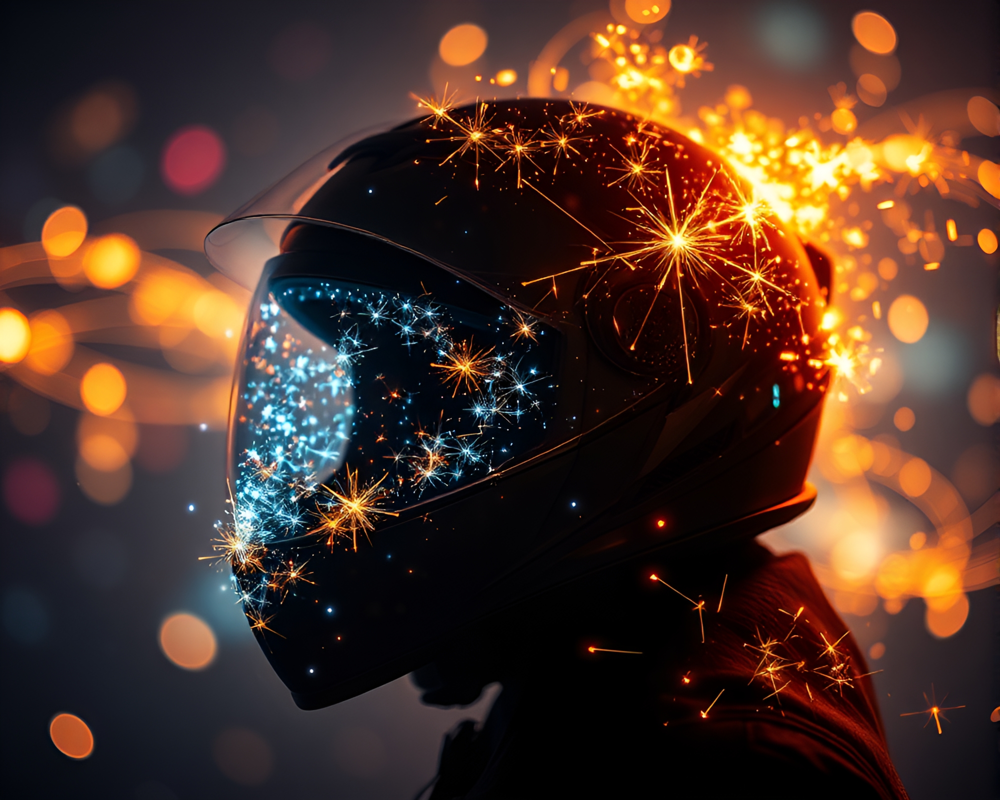 Digital Glitch Helmet Casts Enchanting Light Trails – free AI stock image