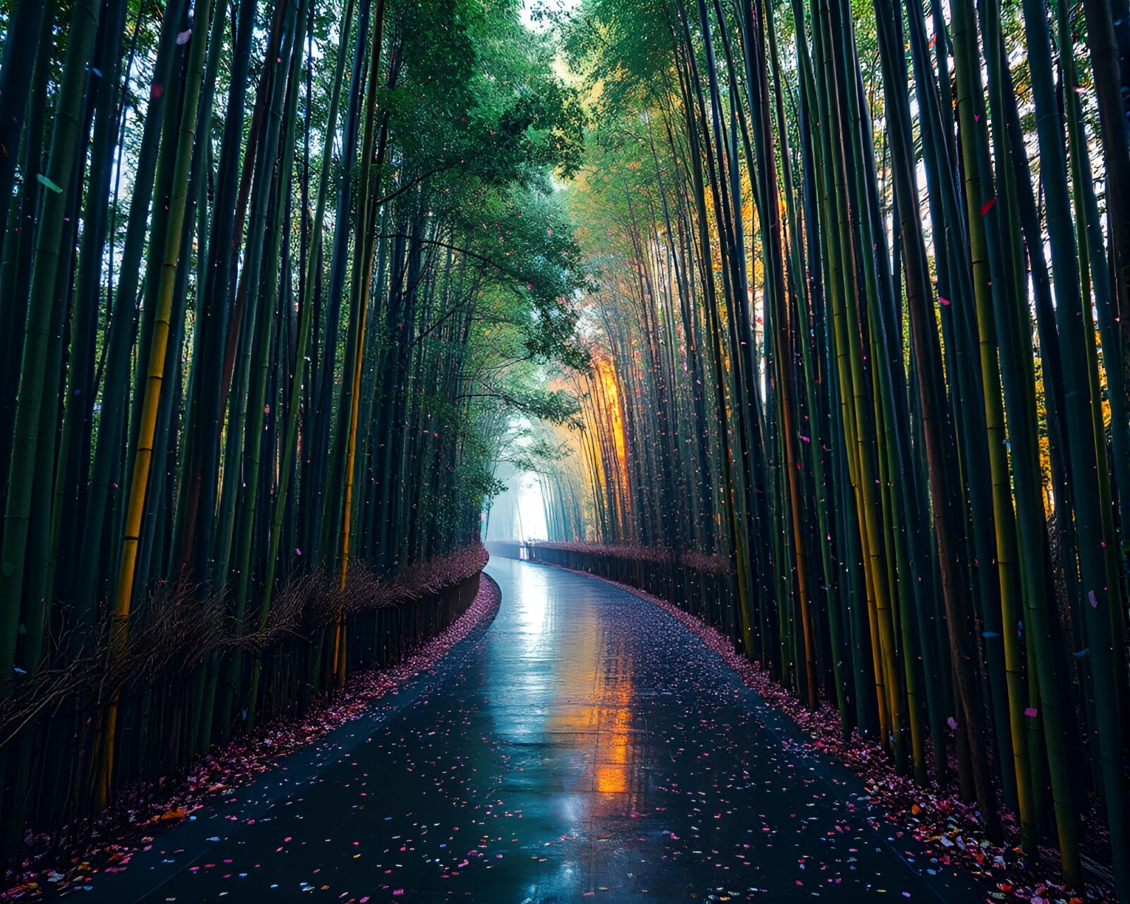 Vibrant retrowave scene with bamboo trees and colorful confetti