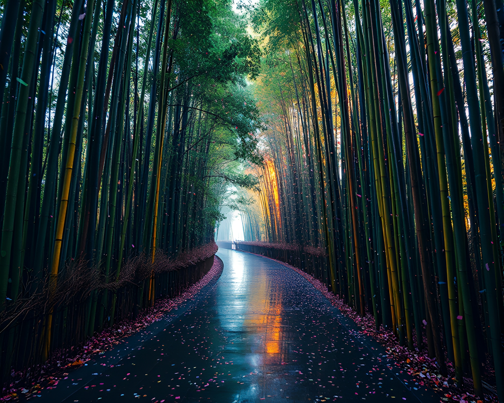 Neon Bamboo Grove: Confetti Rain on Wet Pavement – free AI stock image