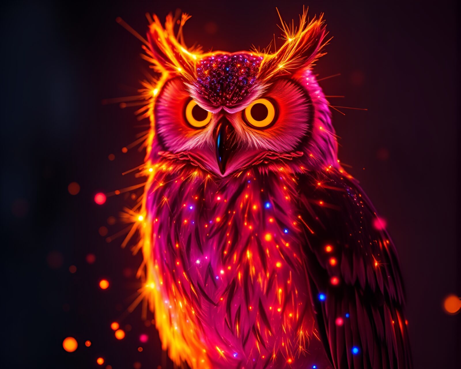 Colorful owl mural with glowing fiber optics and floating dust