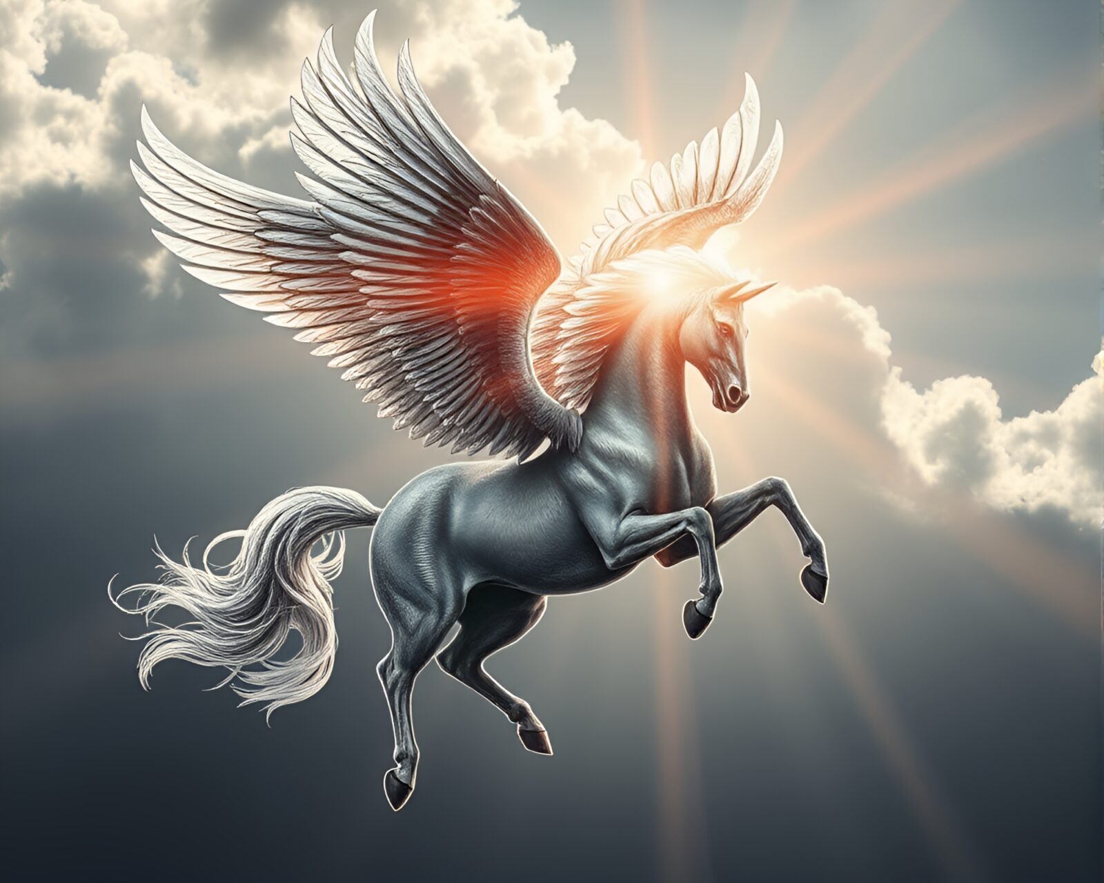 Majestic Pegasus flying against starry sky with glowing highlights