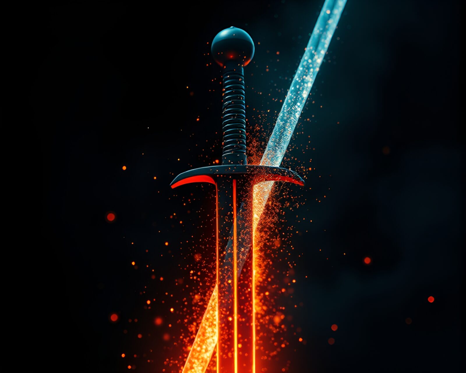 A dazzling sword encased in swirling particles within layered dimensions.