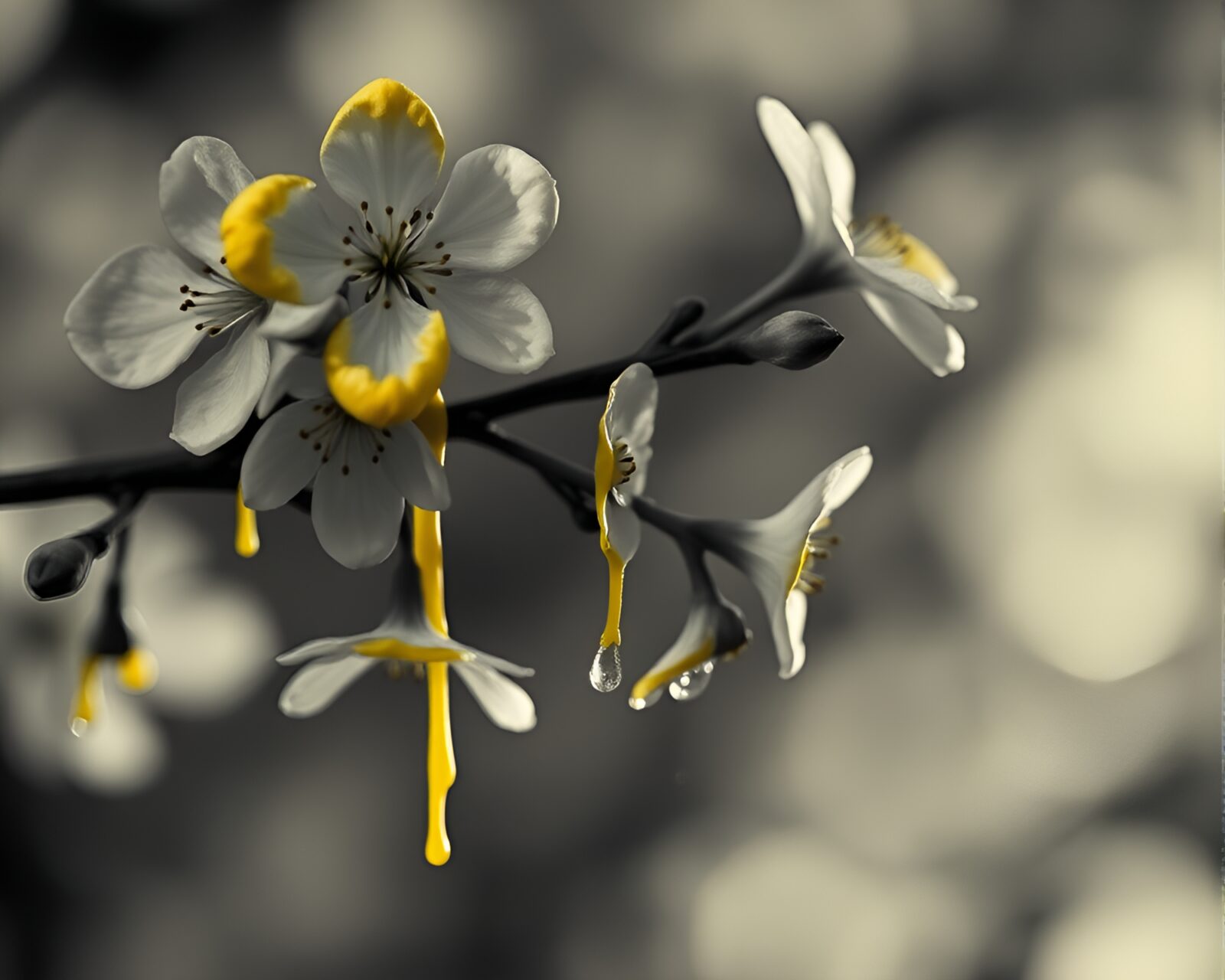Paint drips on yellow spring blossom in dim lighting.