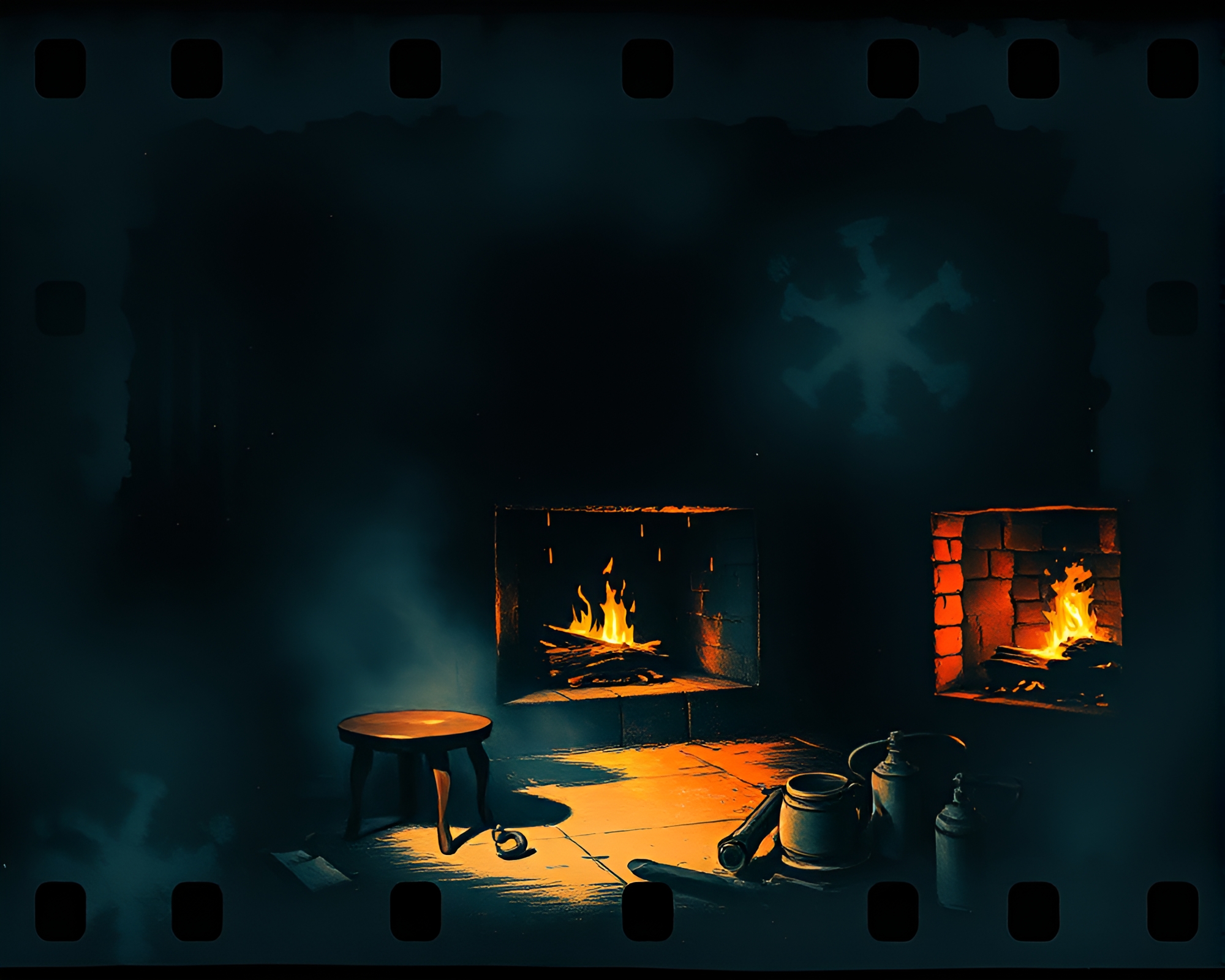 Film Sprocket Haunted Mirror: Sumi-e Haunting Fireplace Scene – free AI stock image