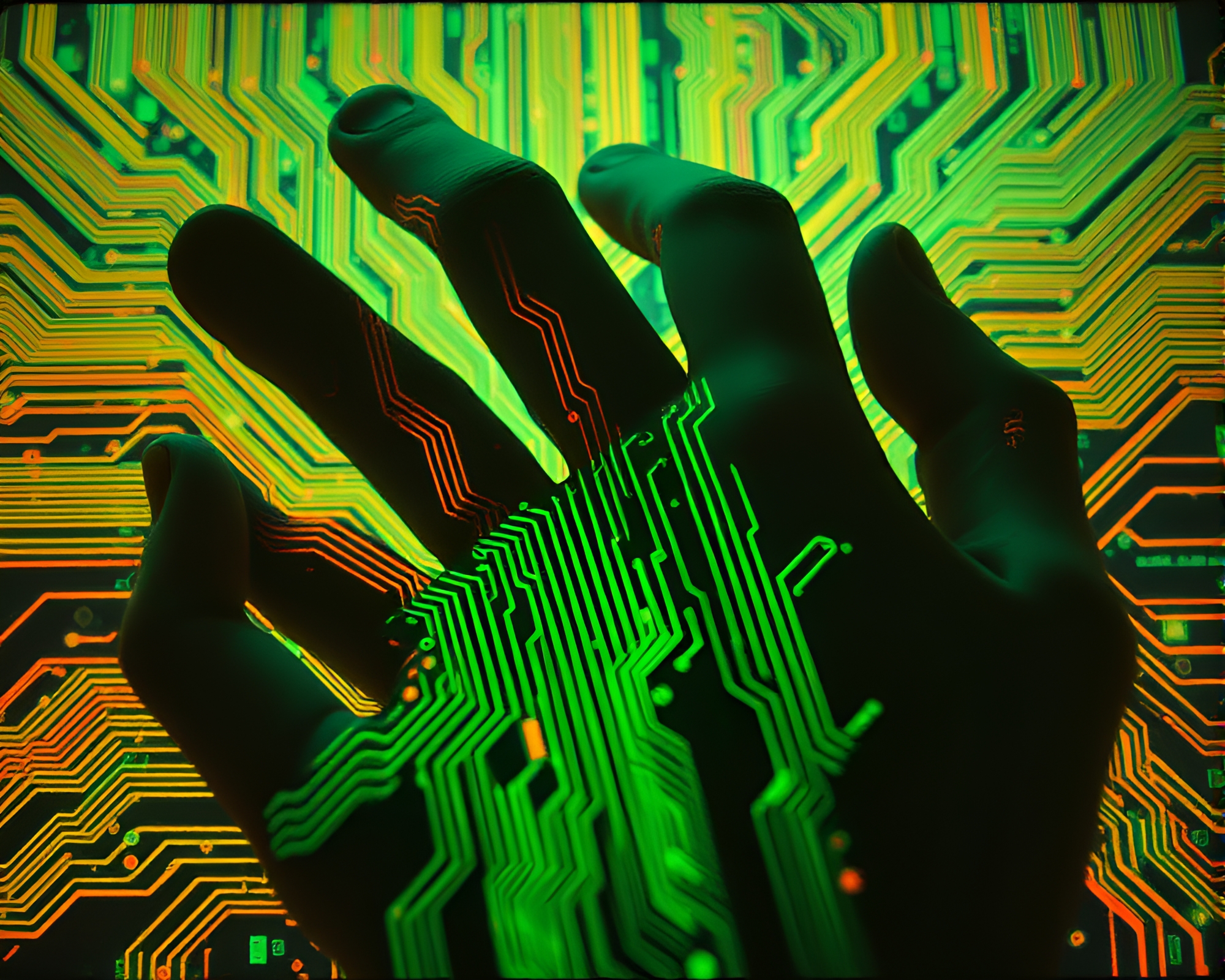 Cybernetic Hand Over Circuit Board Traces – free AI stock image