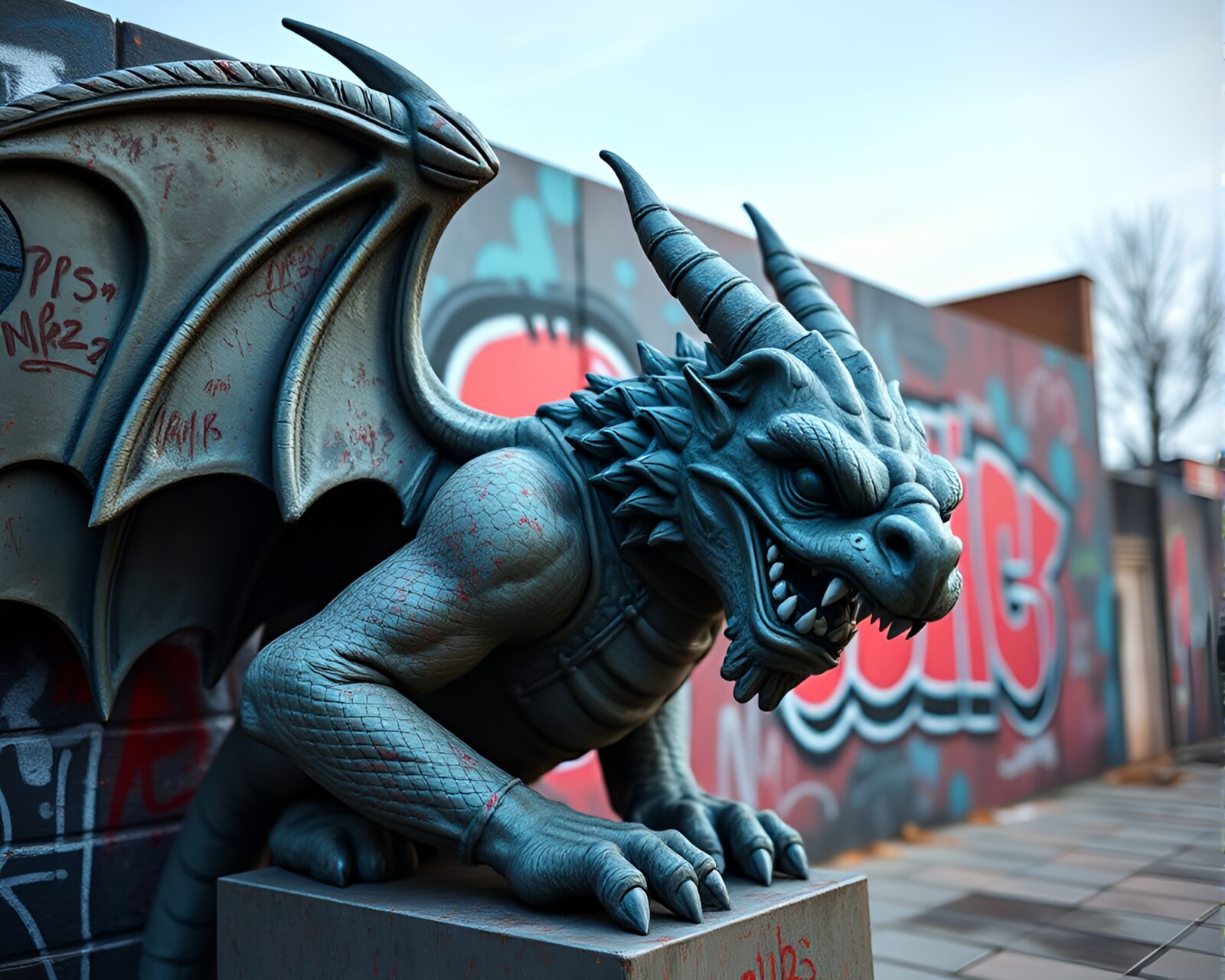 Gargoyle statue in steel-blue line art graffiti mural