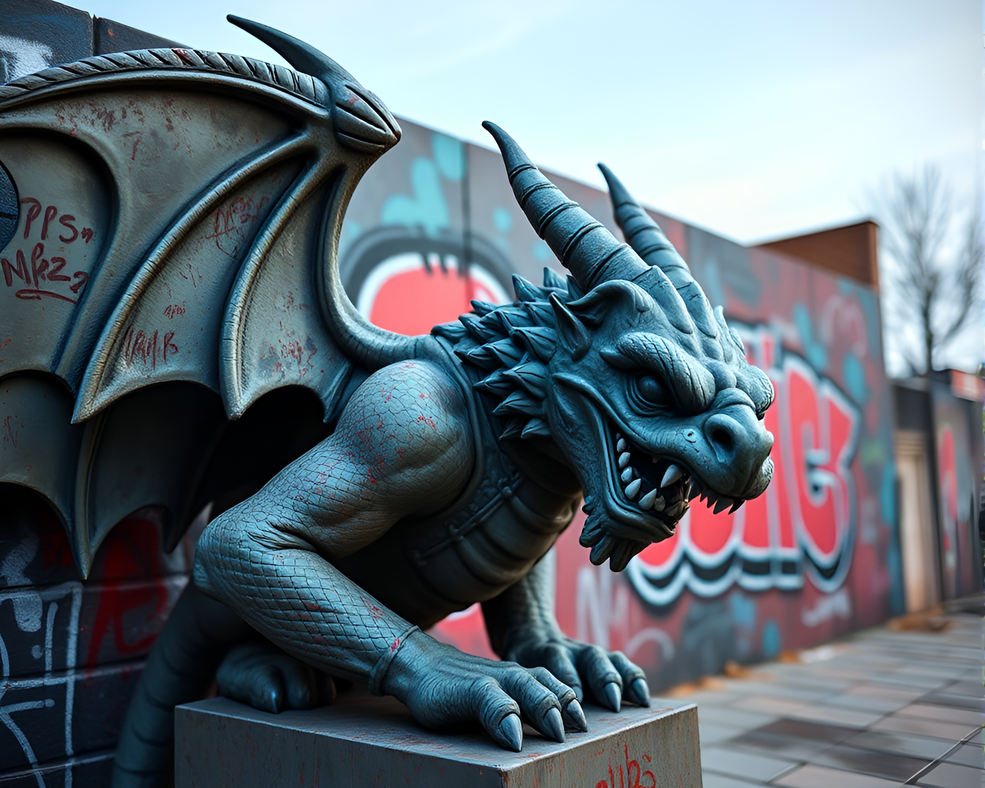 Steel-Blue Gargoyle Statue in Line Art Mural Graffiti – free AI stock image