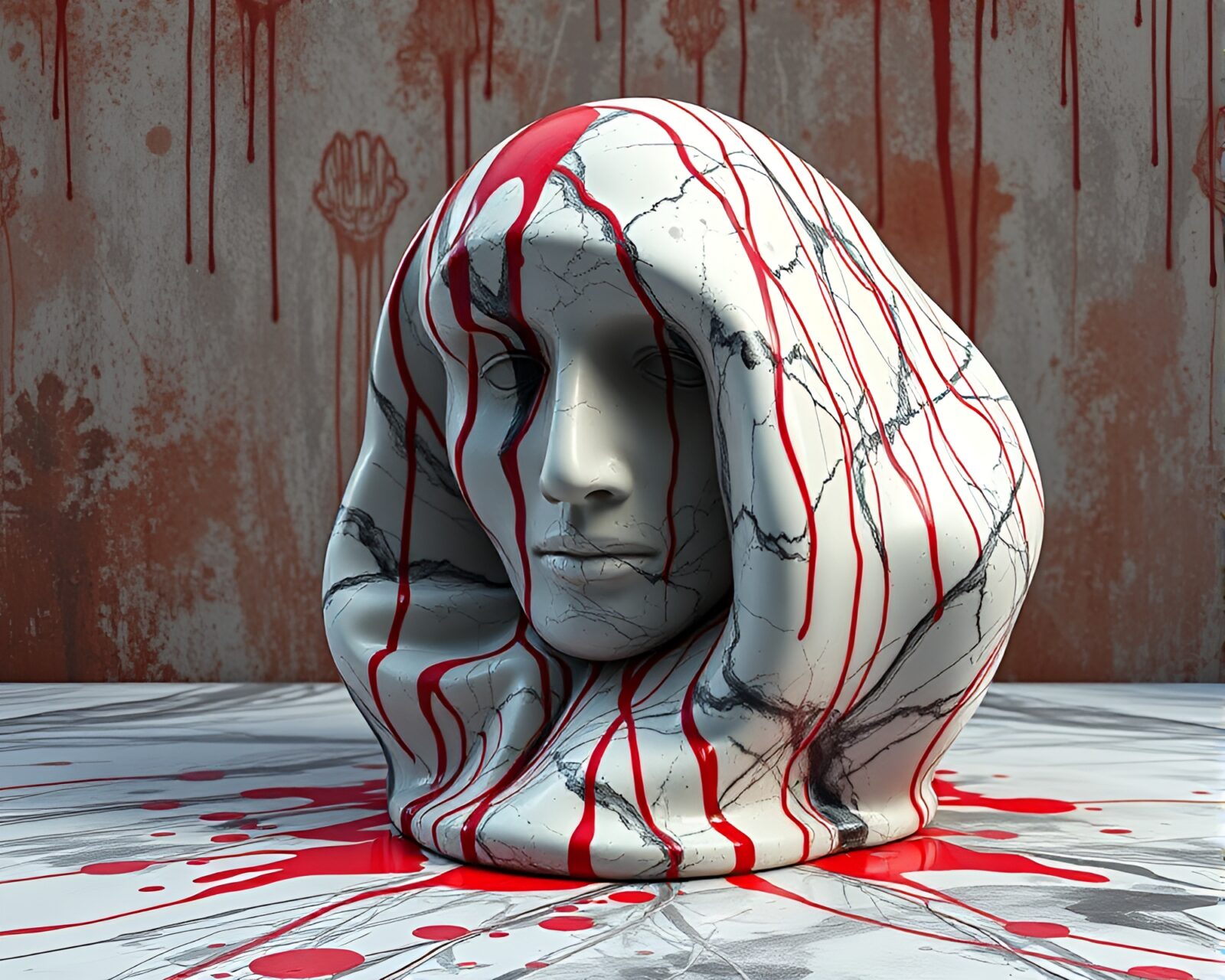 Abstract comic style marble sculpture with spray paint details