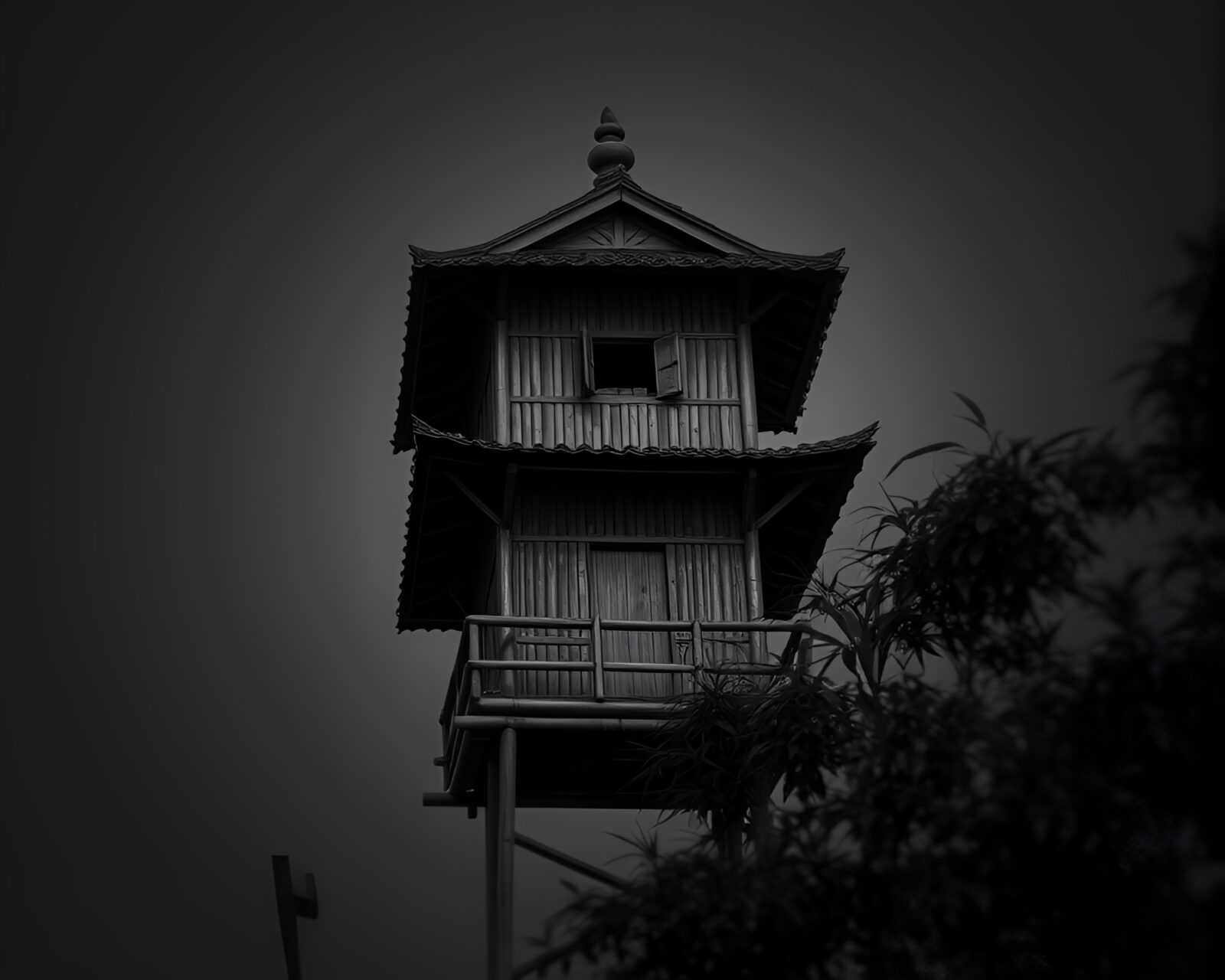 A distortion-filled telephoto image of a bamboo hut at night