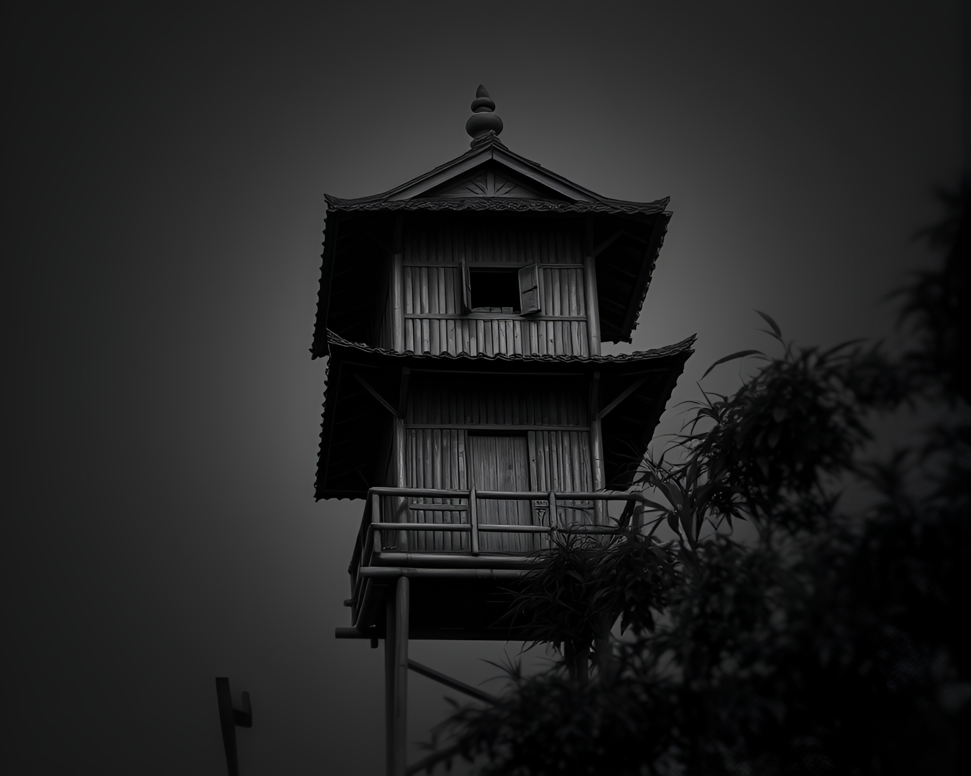 Bamboo Hut in Lunar Grayscale: Telephoto Lens Distortion – free AI stock image