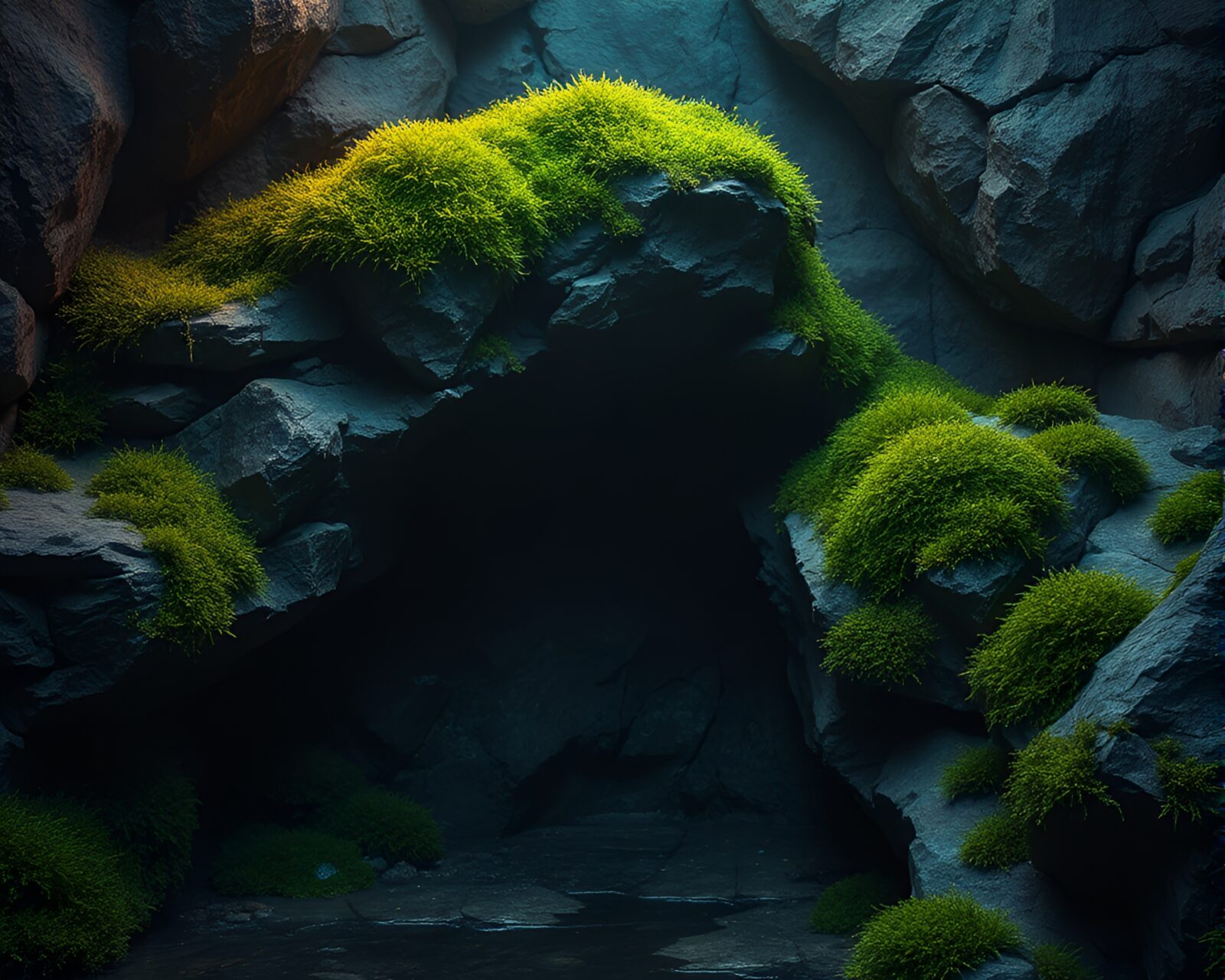Abstract origami art on a moss-covered rock in rainbow light