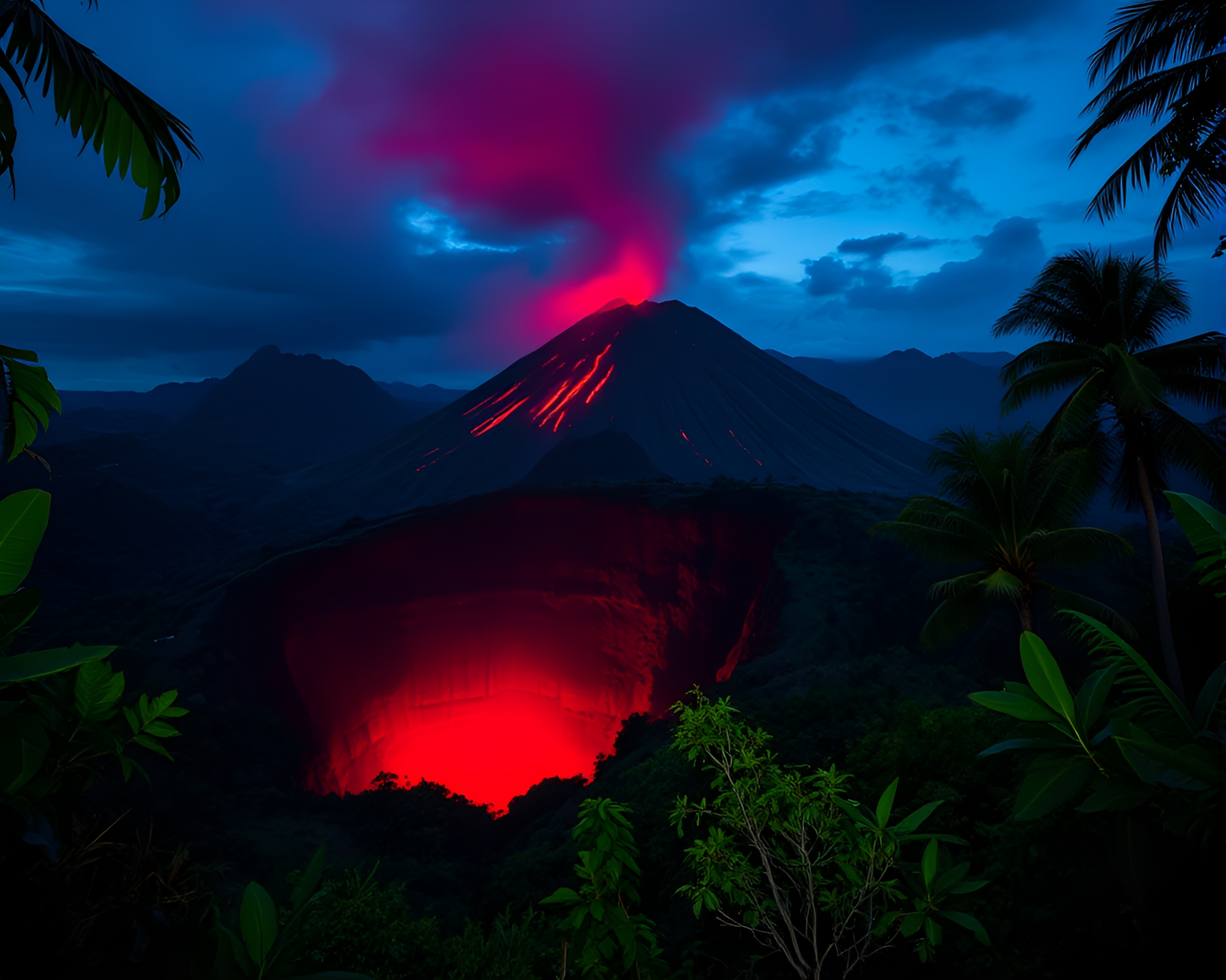 Enigmatic Jungle Shaman bathed in Volcano Glow at Blue Hour – free AI stock image