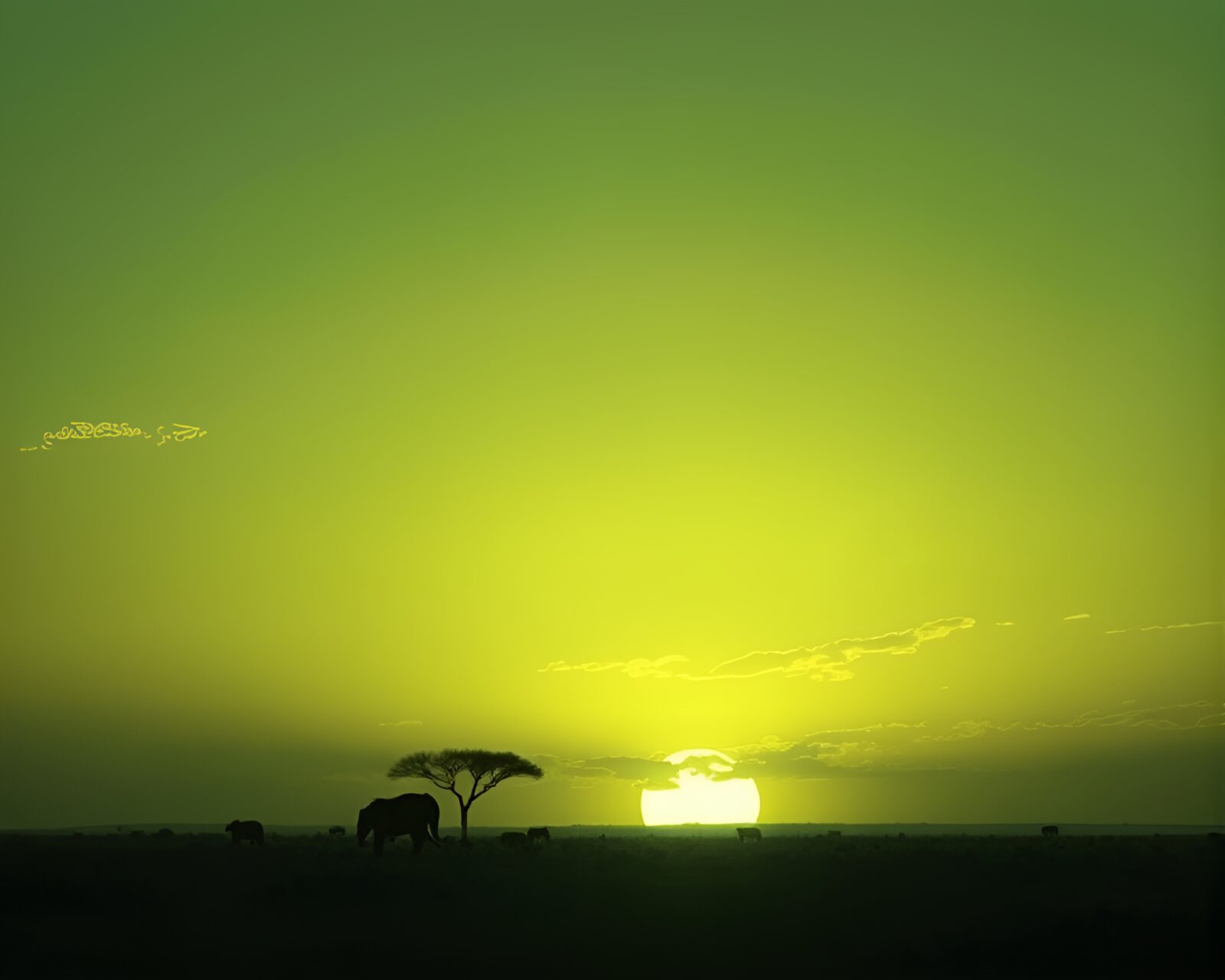 Medium shot of a surreal savanna sunset in blueprint style with emerald green accents