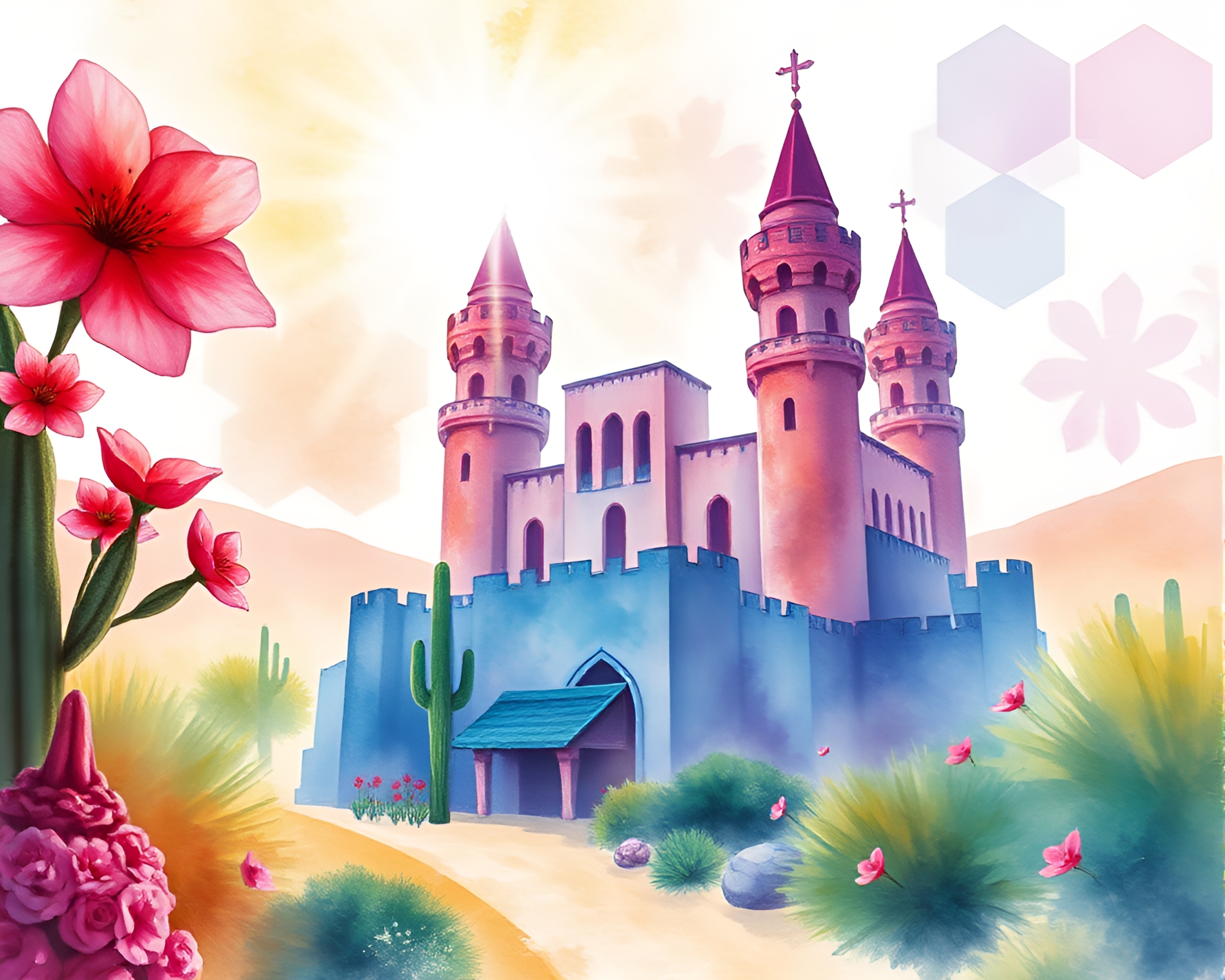 Watercolor Deserted Castle with Colorful Lens Flare – free AI stock image