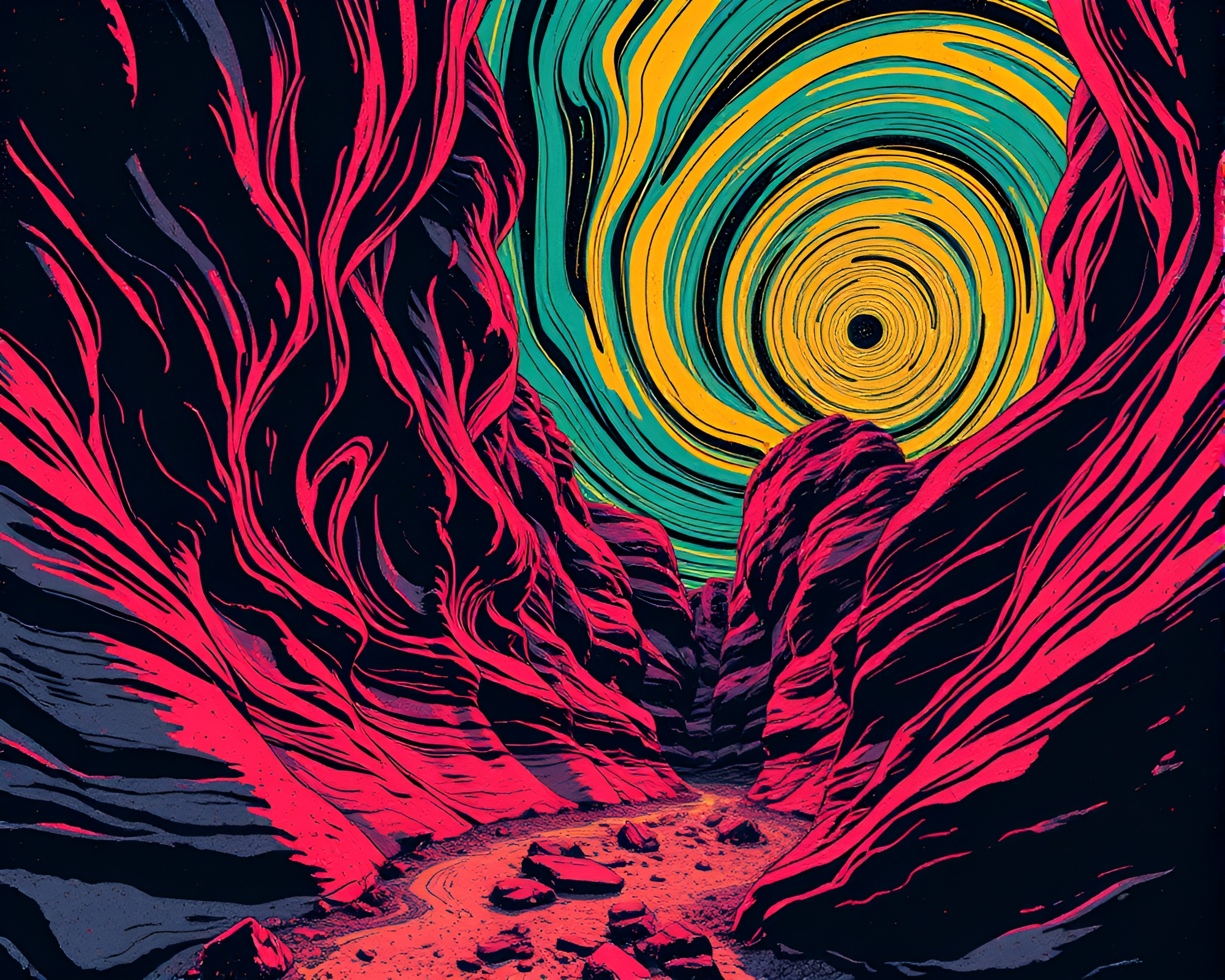 Psychedelic Neon Canyon Rust Linocut Swirls – free AI stock image