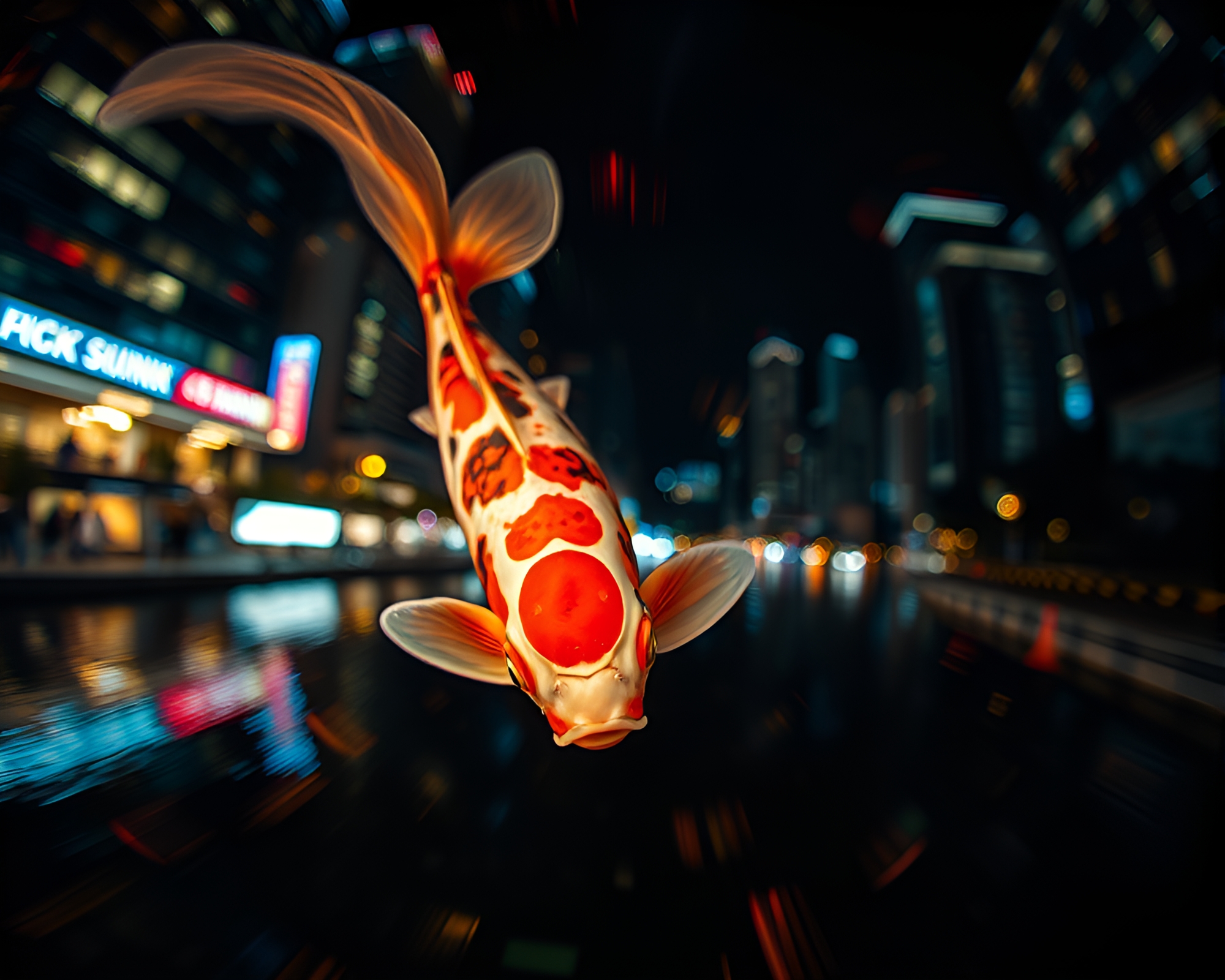 Koi Fish in City Lights Lens Distortion – free AI stock image