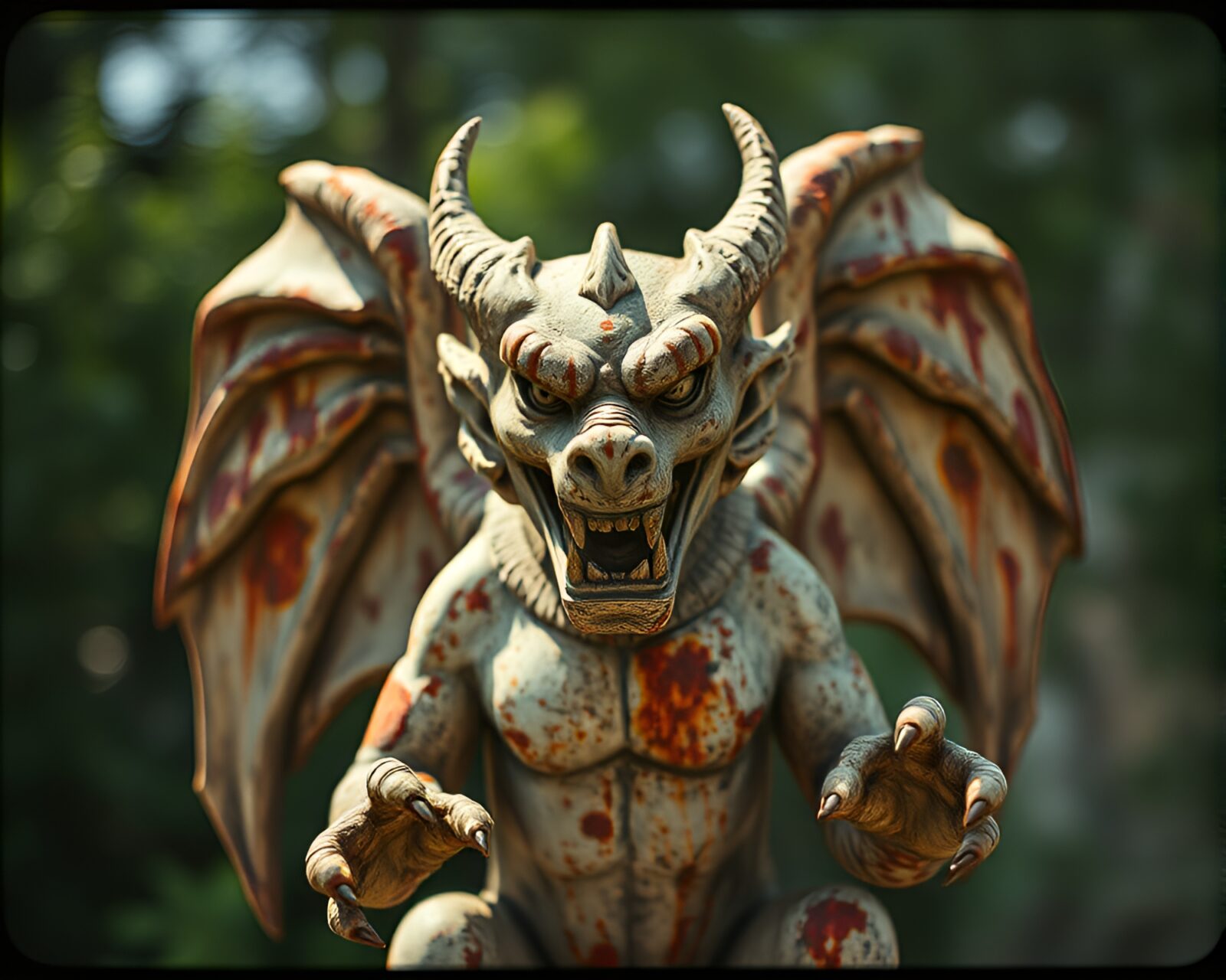 Retro film grain image of a gargoyle statue with rust stains