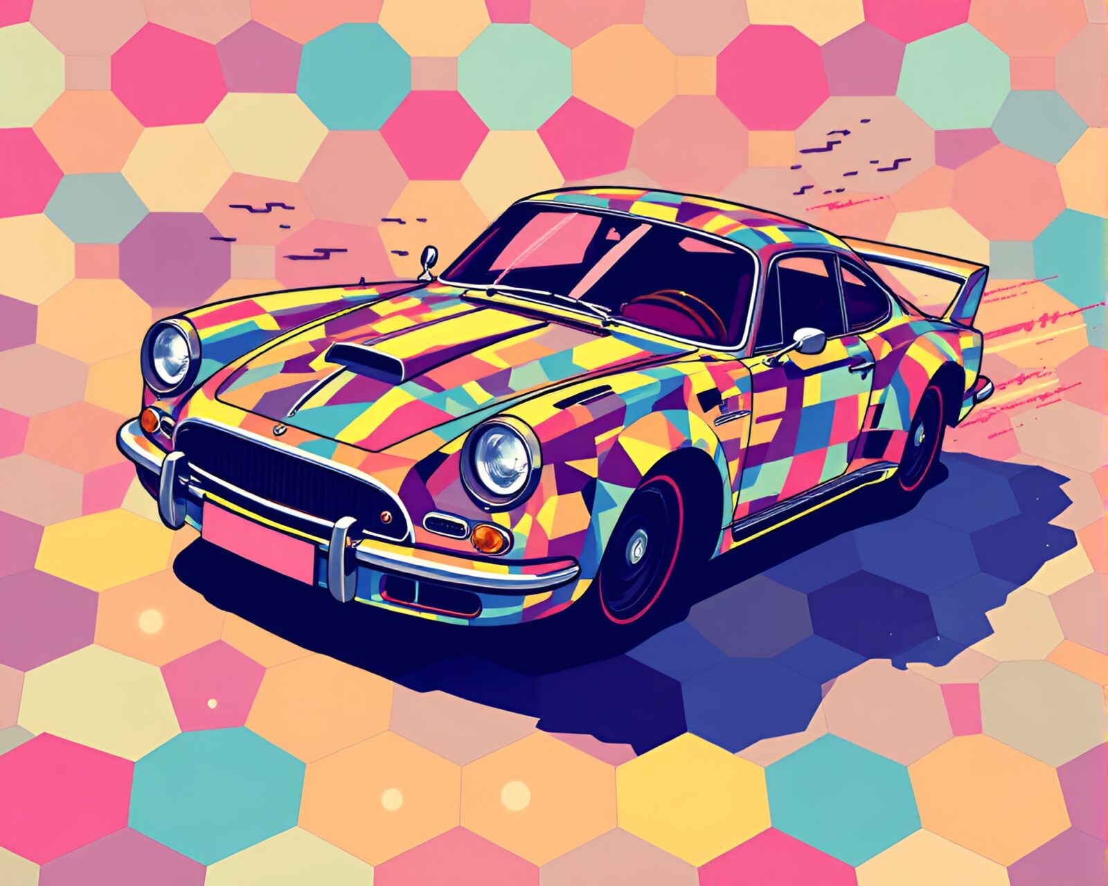 Vibrant pop art flying car with hexagonal tiling background