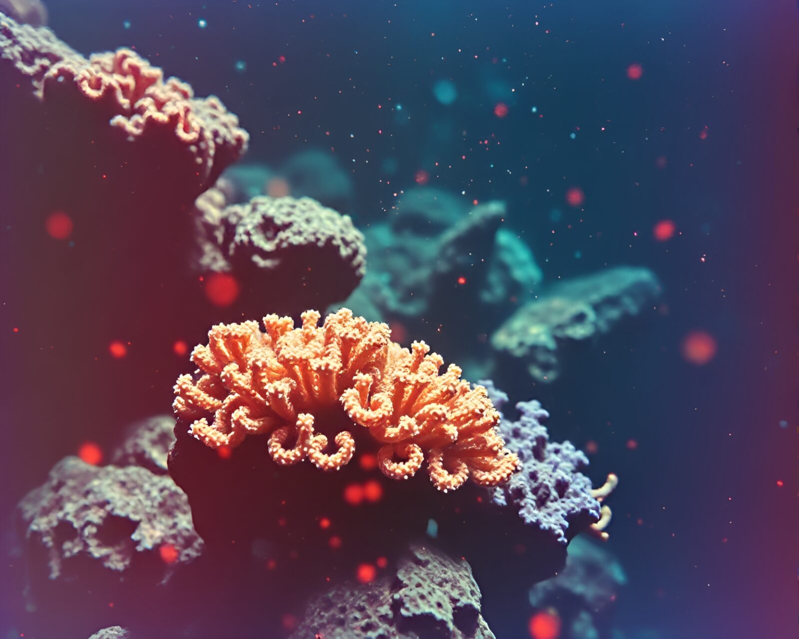 Colorful underwater reef with hazy retro film grain effect