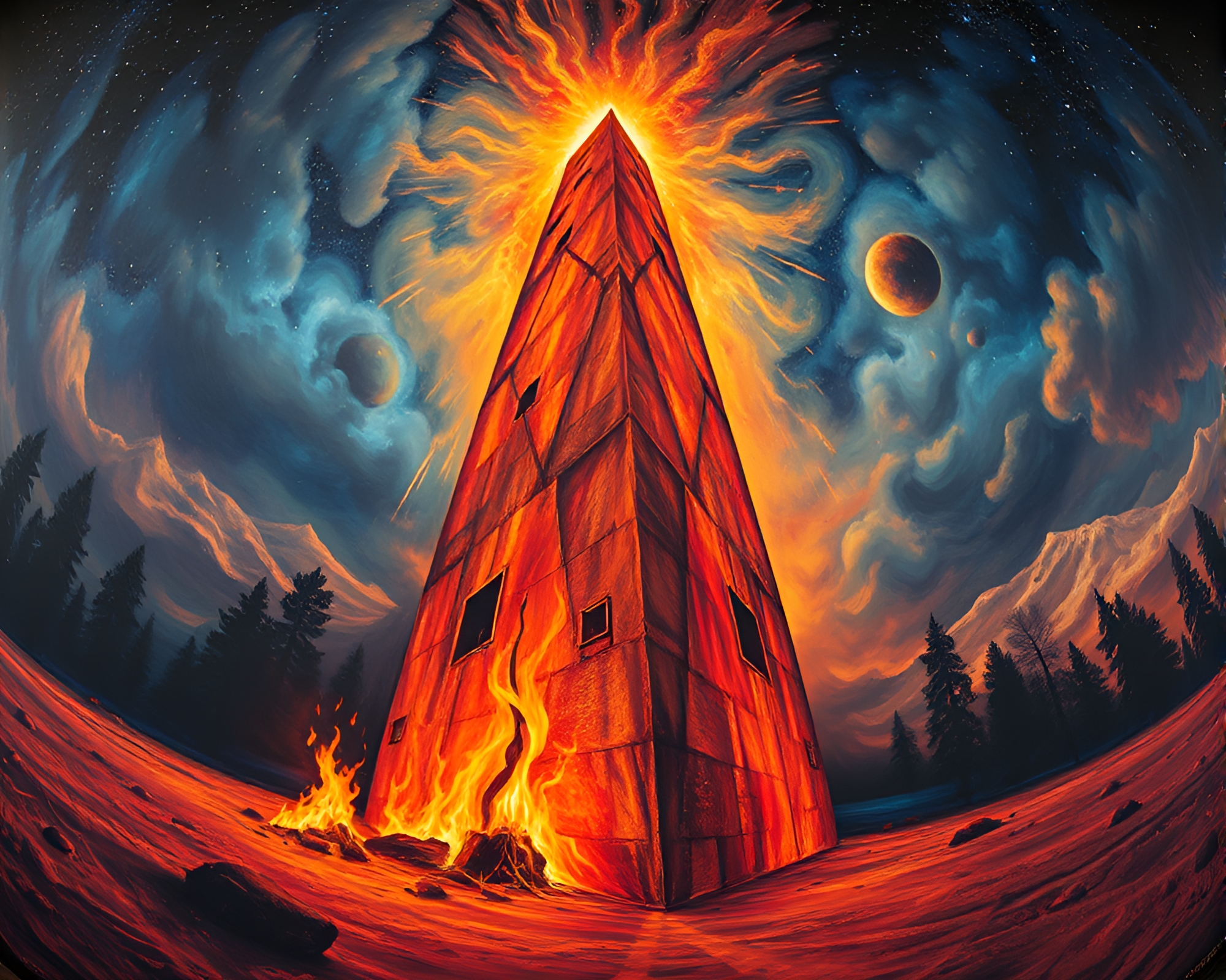 Surreal Obelisk Bonfire Mural – free AI stock image