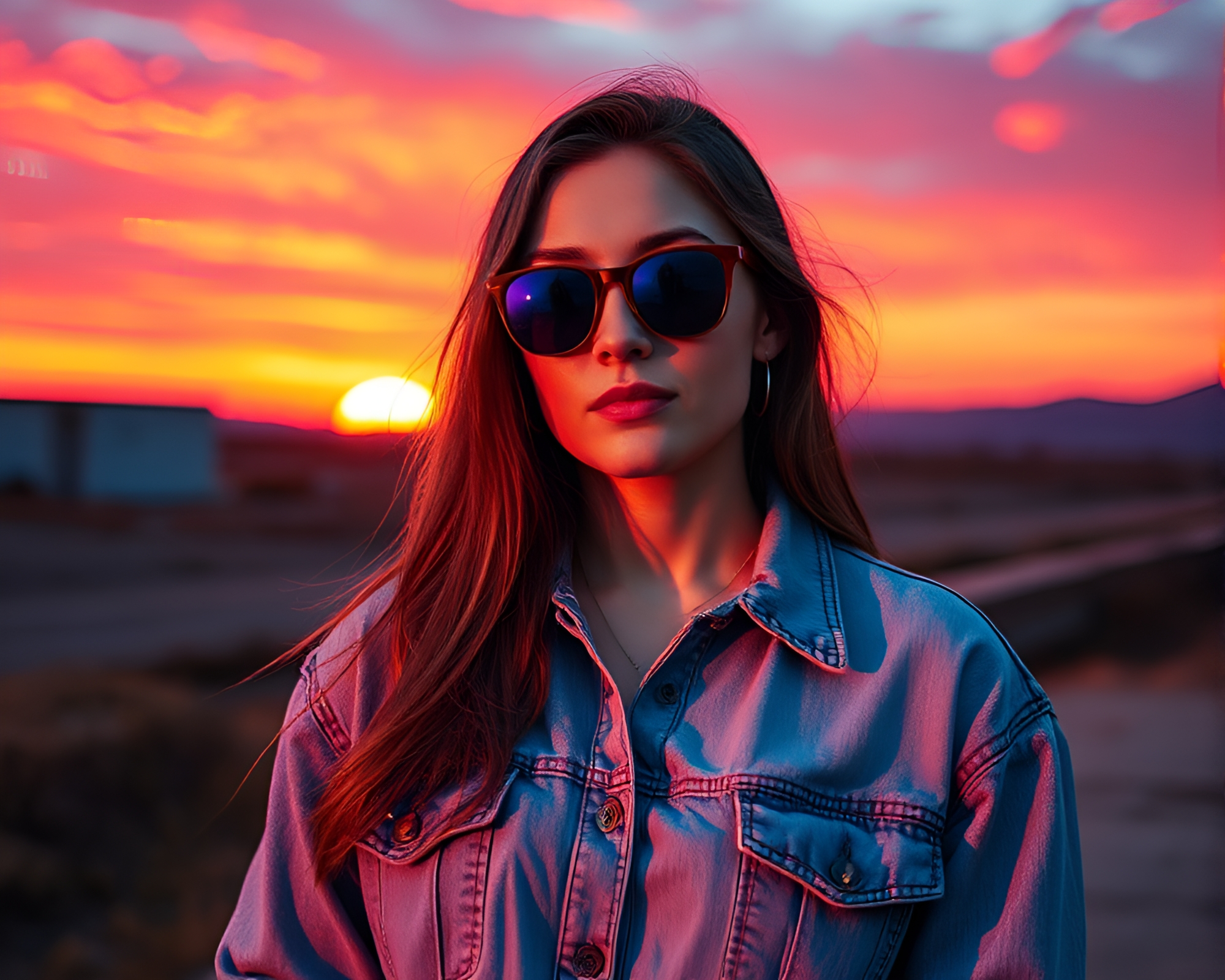 Vaporwave Sunset: Faded Denim Engraving Composition – free AI stock image