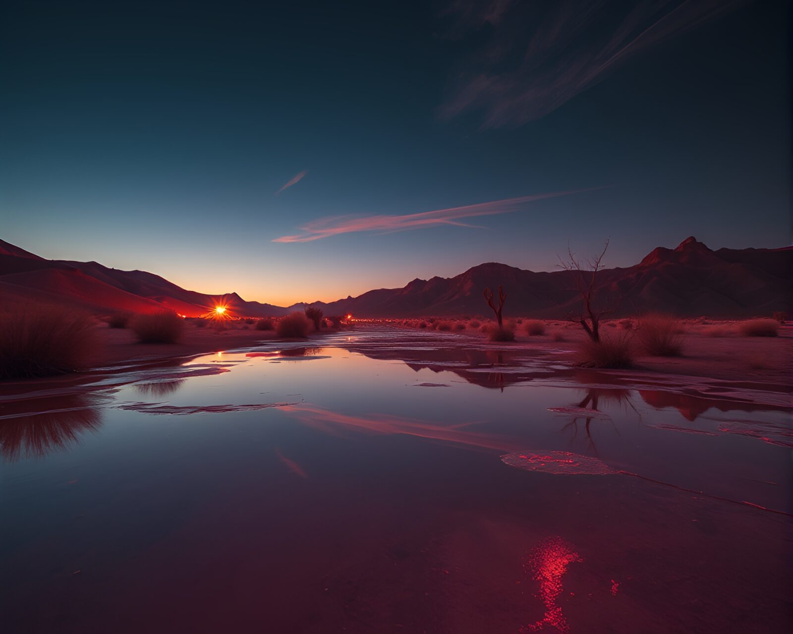 Vibrant neon lights reflecting off shimmering desert sands