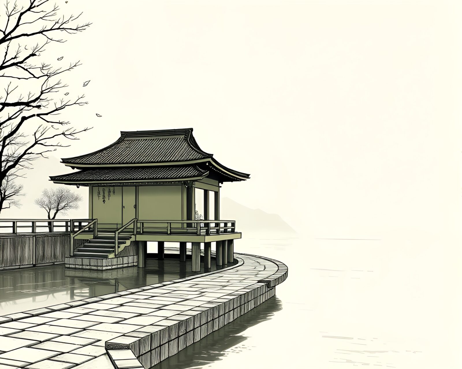 Fantastical manga scene of floating pavilion in olive tones