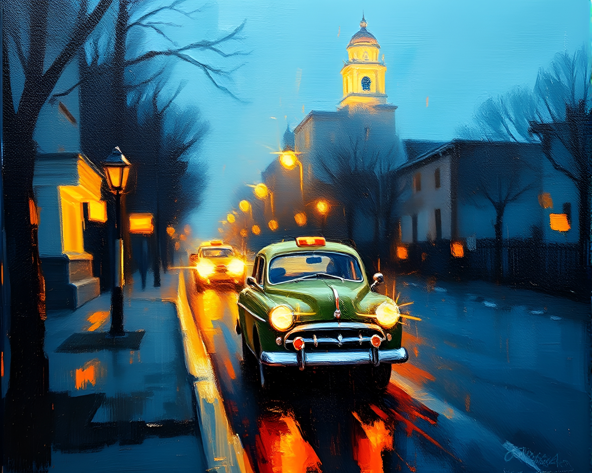 Vintage Car in Shallow Focus, Streetlamp Glow Painting – free AI stock image