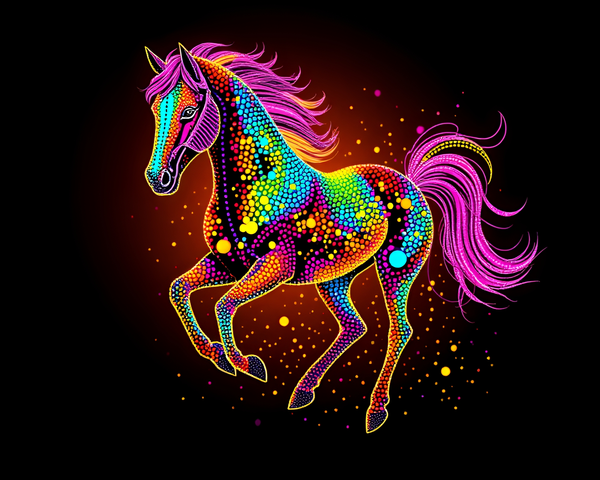 Vibrant Neon Pointillist Fashion Illustration of Wild Stallion – free AI stock image
