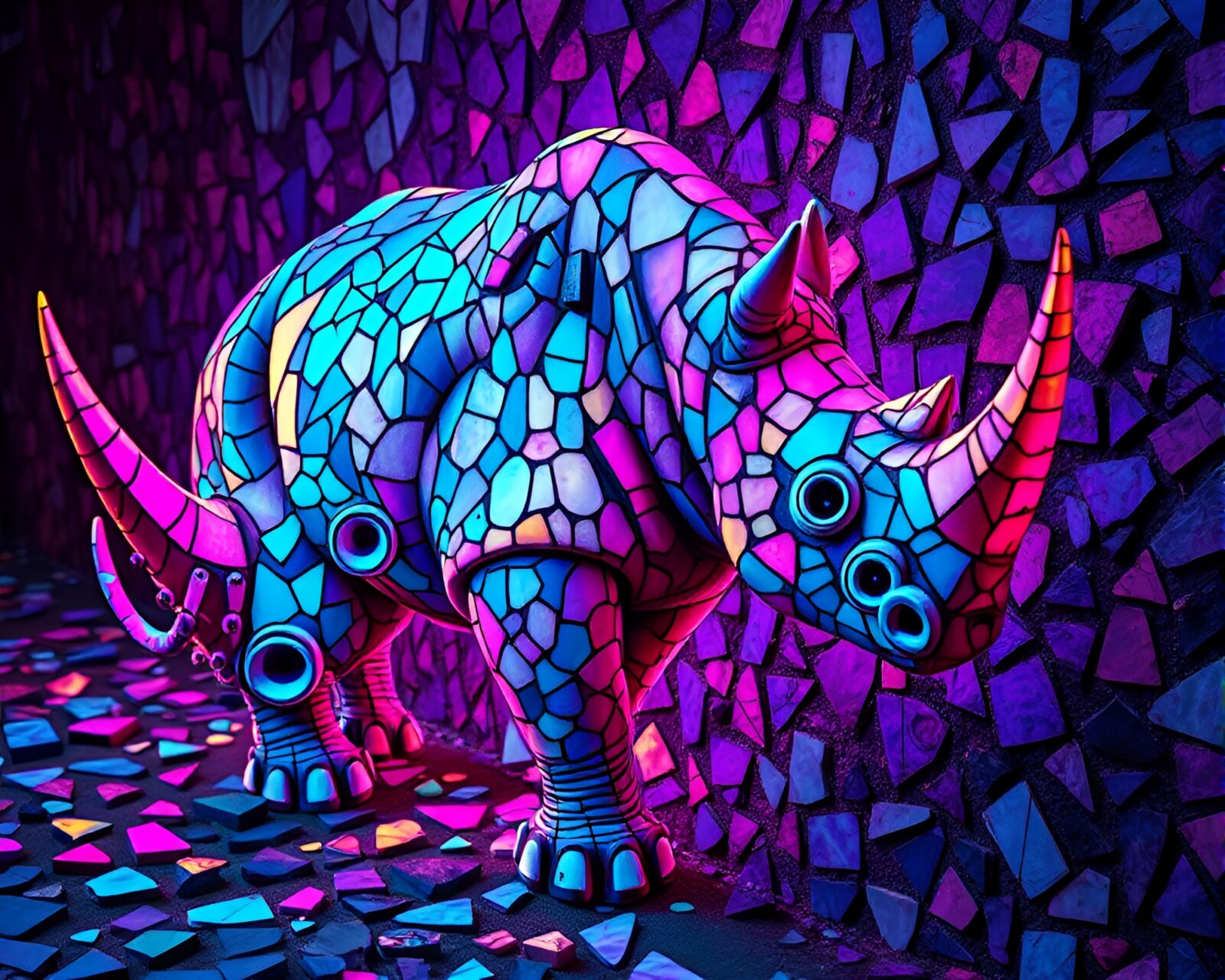 Colorful pastel graffiti of a rhinoceros under bright fluorescent lights with broken mosaic fragments