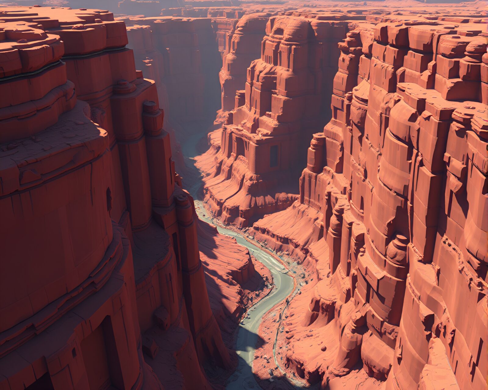 Voxel art of warrior with sword in canyon setting