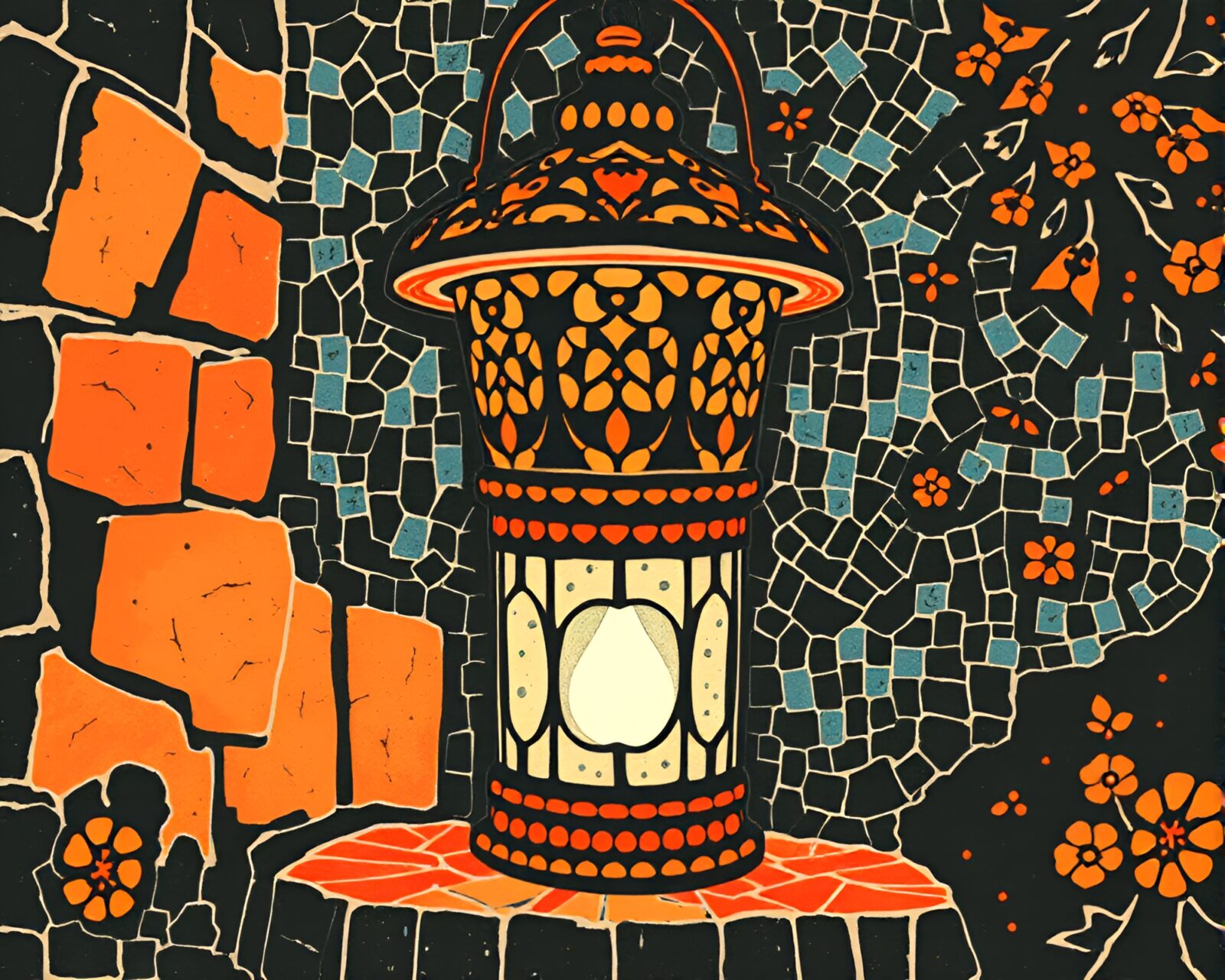 Tiled mosaic of a lantern glowing in torchlight