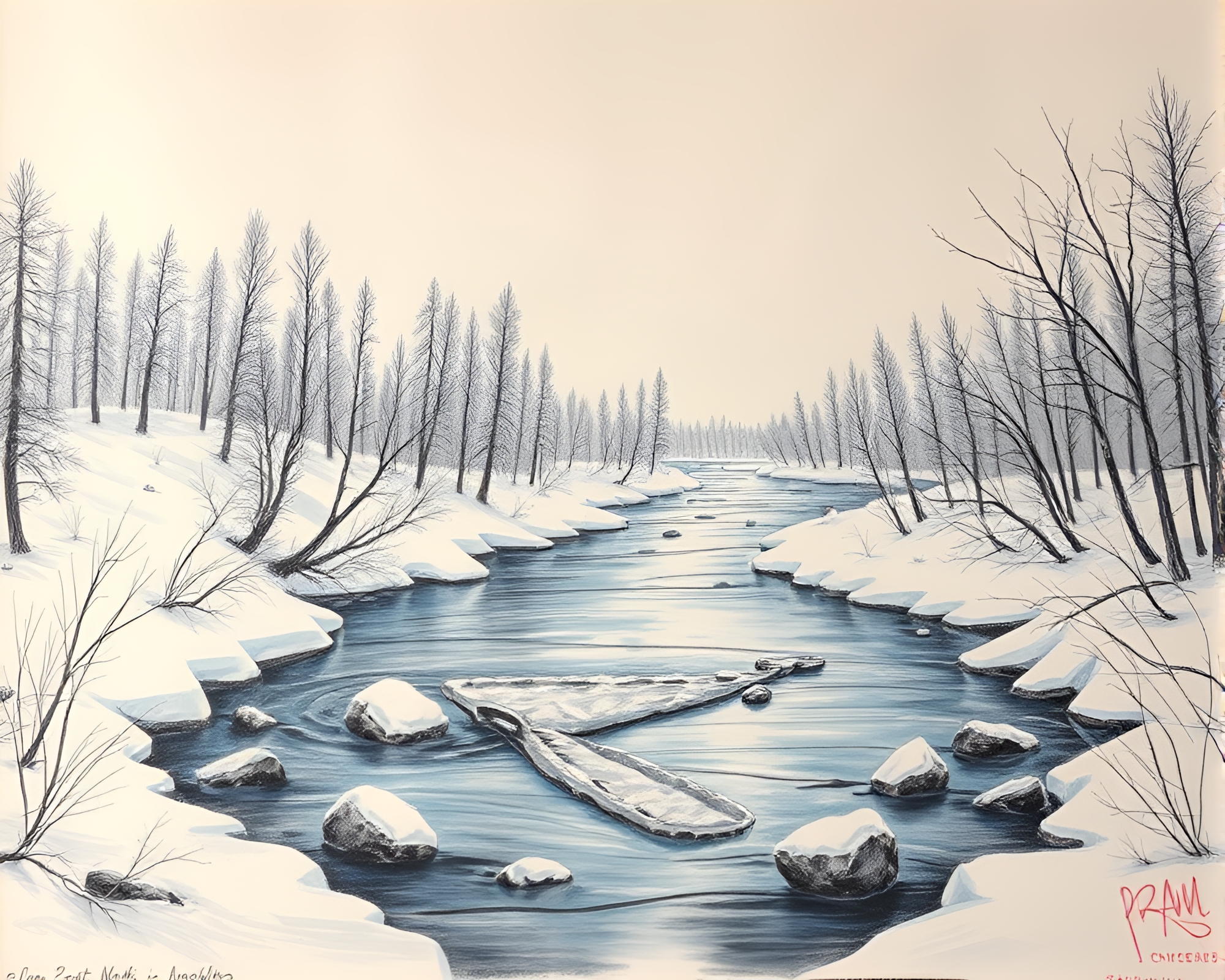 Savage River Wilderness Mural: Snow-Kissed Sketch – free AI stock image