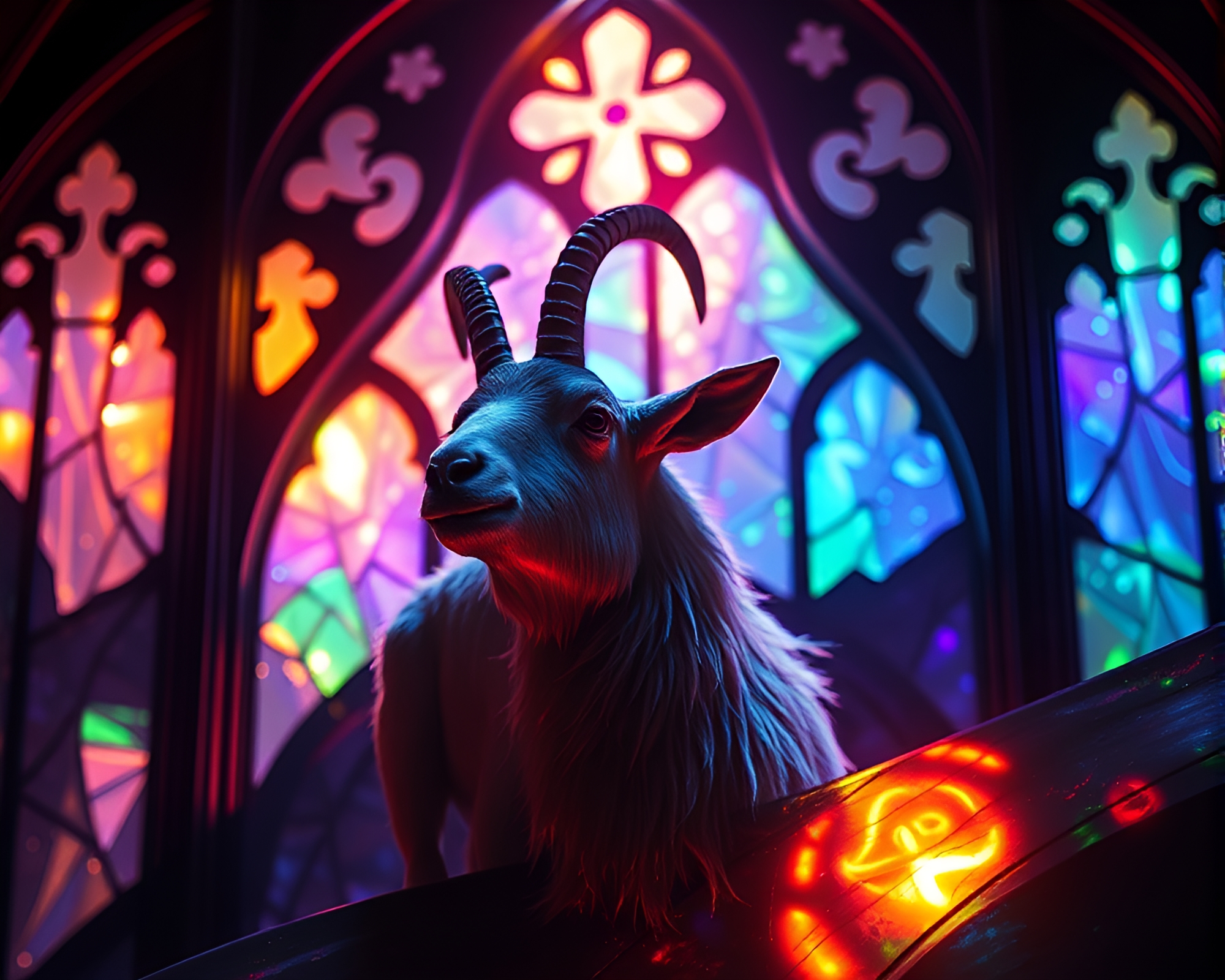 Iridescent soap film mountain goat in cathedral light – free AI stock image