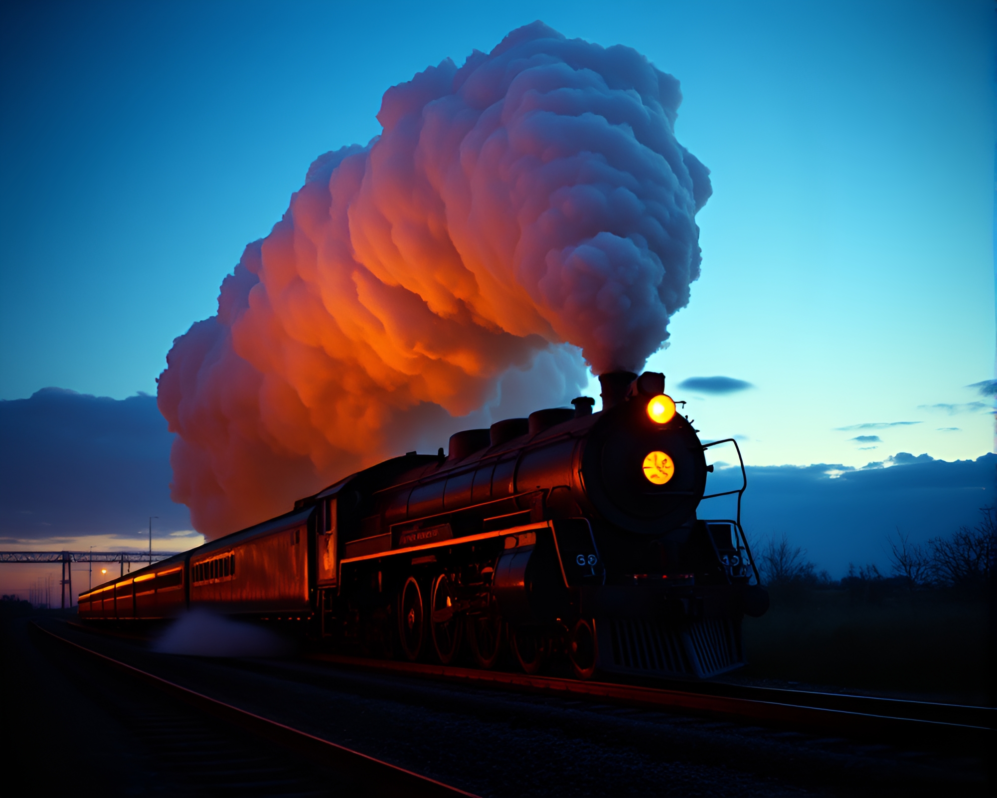 Twilight Explosion: Steam Locomotive in Retro Film Grain – free AI stock image