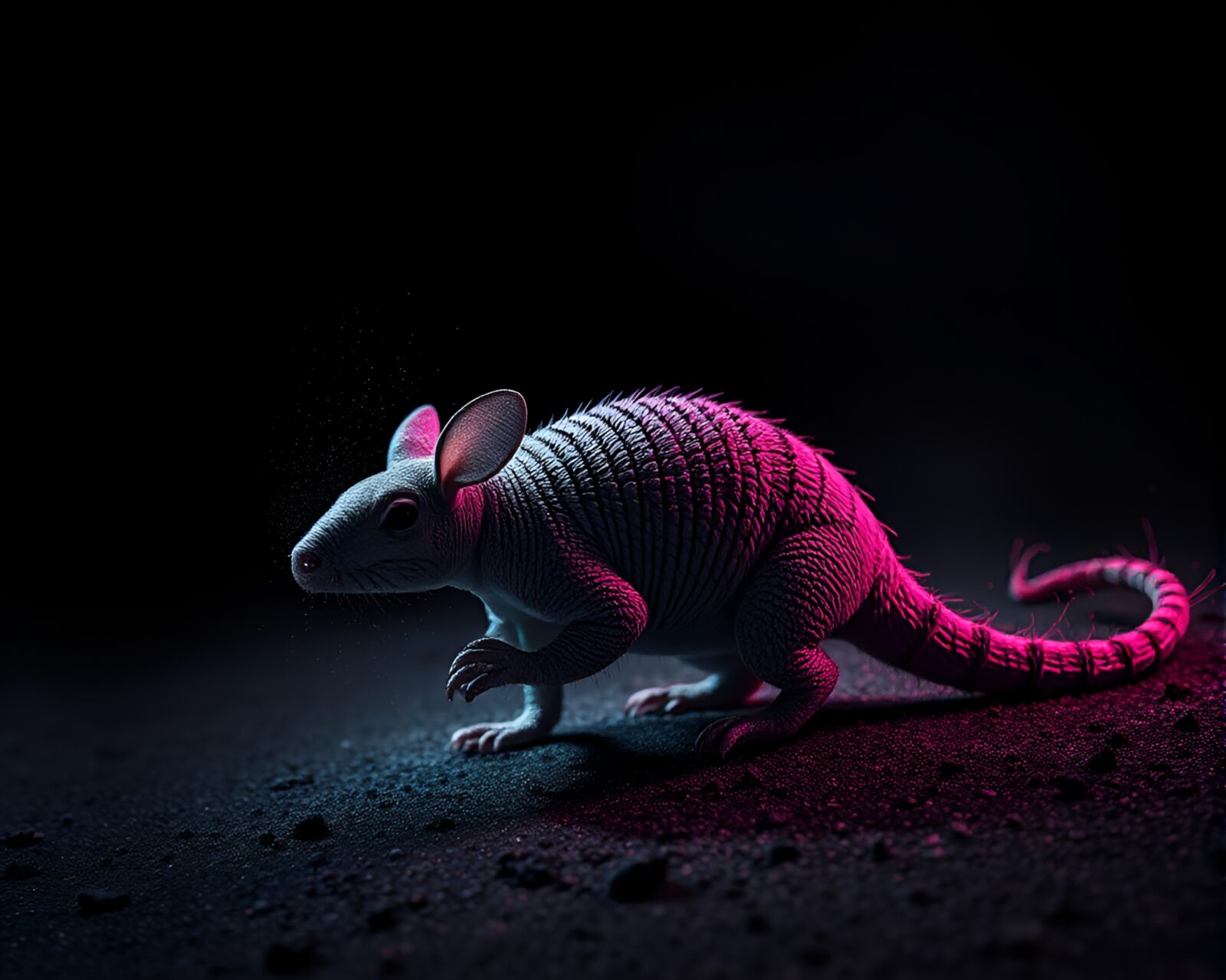 A surreal high-contrast noir image of a tilted armadillo amidst cosmic dust